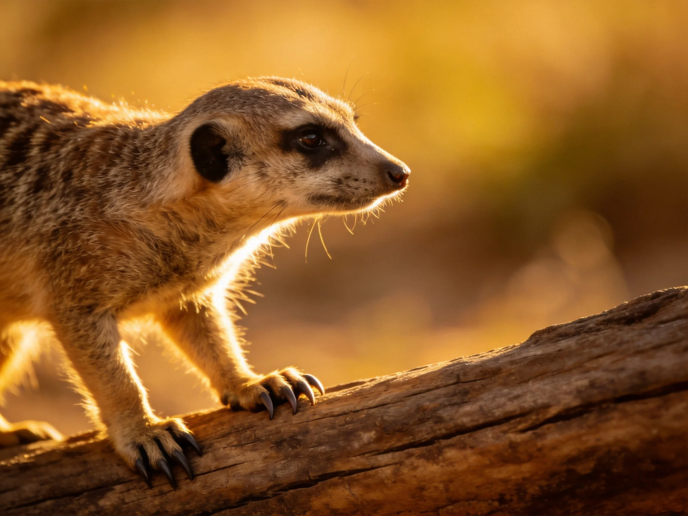 A curious meerkat stands on a weathered log in golden light