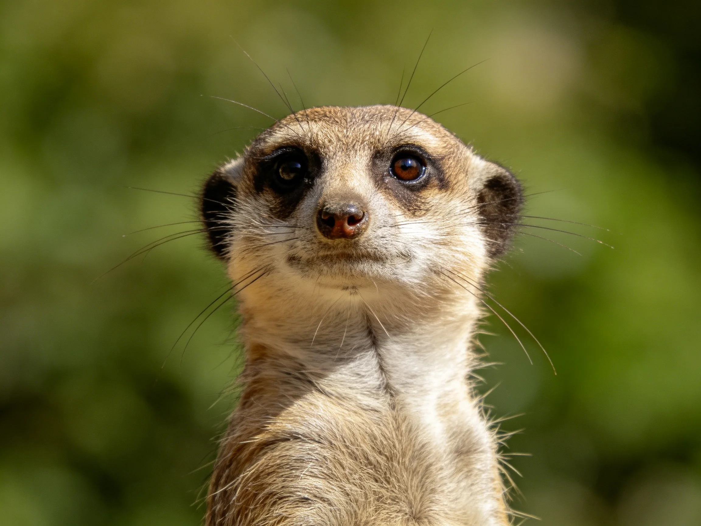 A curious meerkat with dark facial patches and tan fur