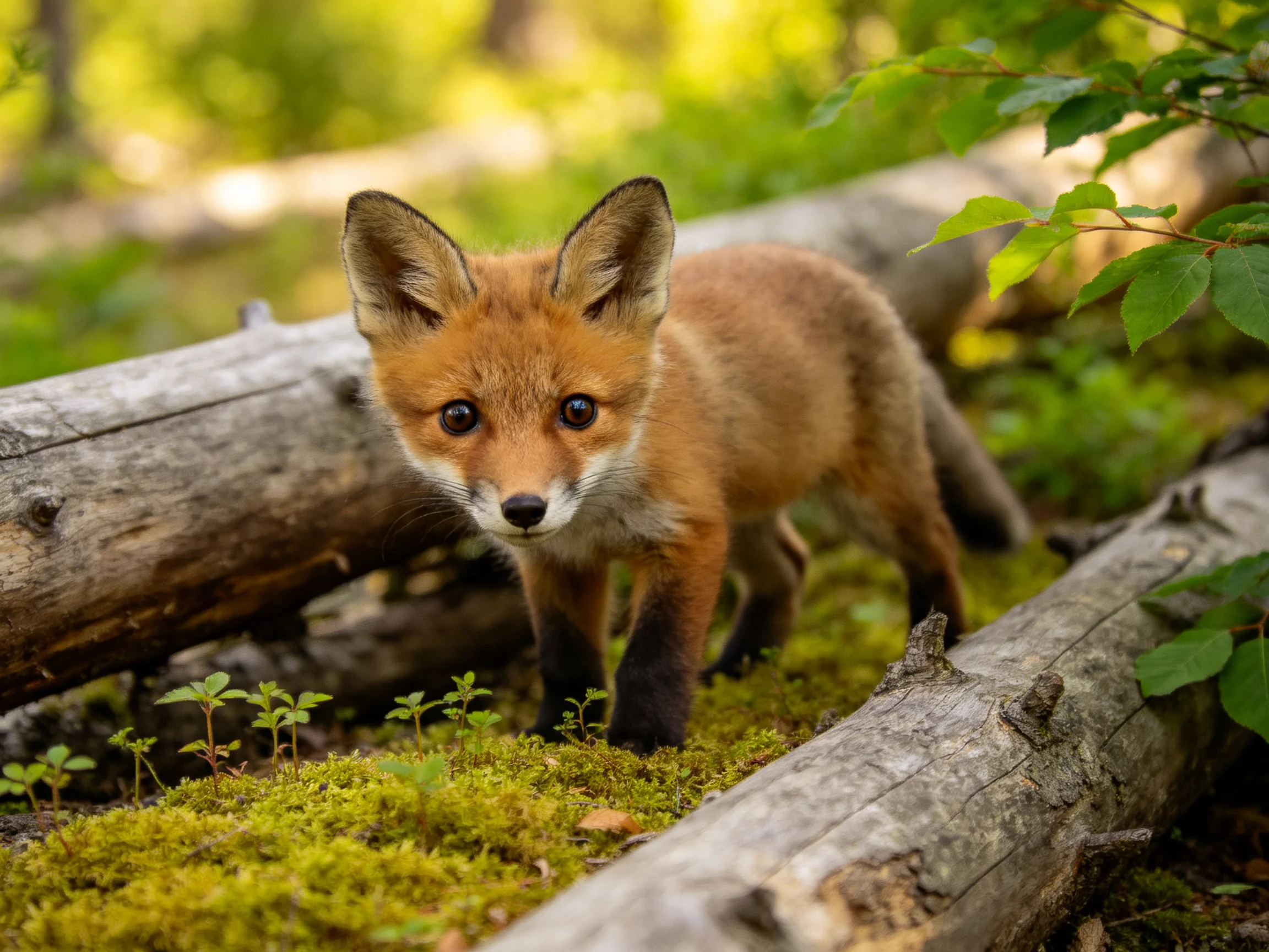 A curious orange fox cub explores mossy forest logs