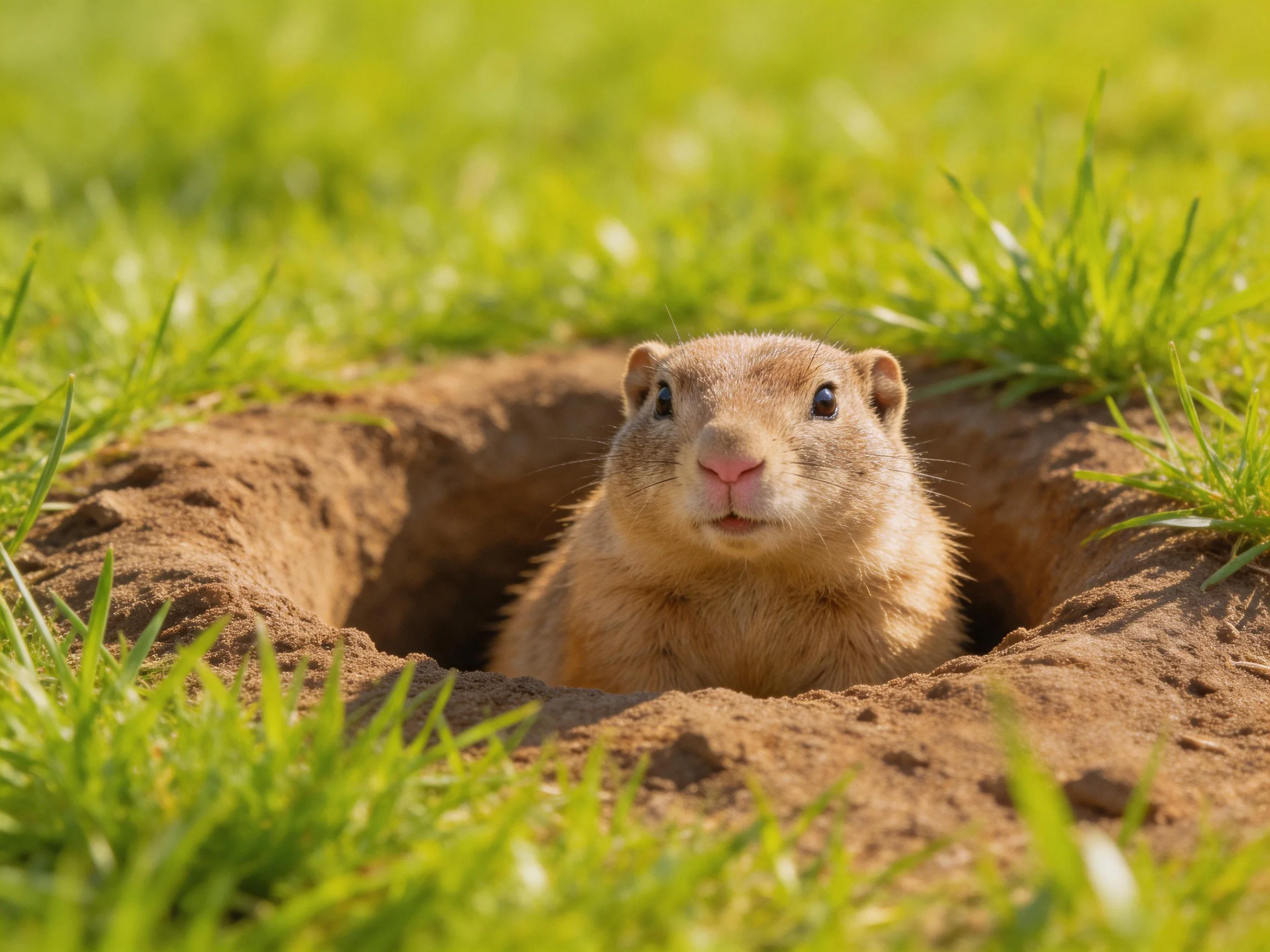 A prairie dog peers out from its earth burrow in a grassy area.