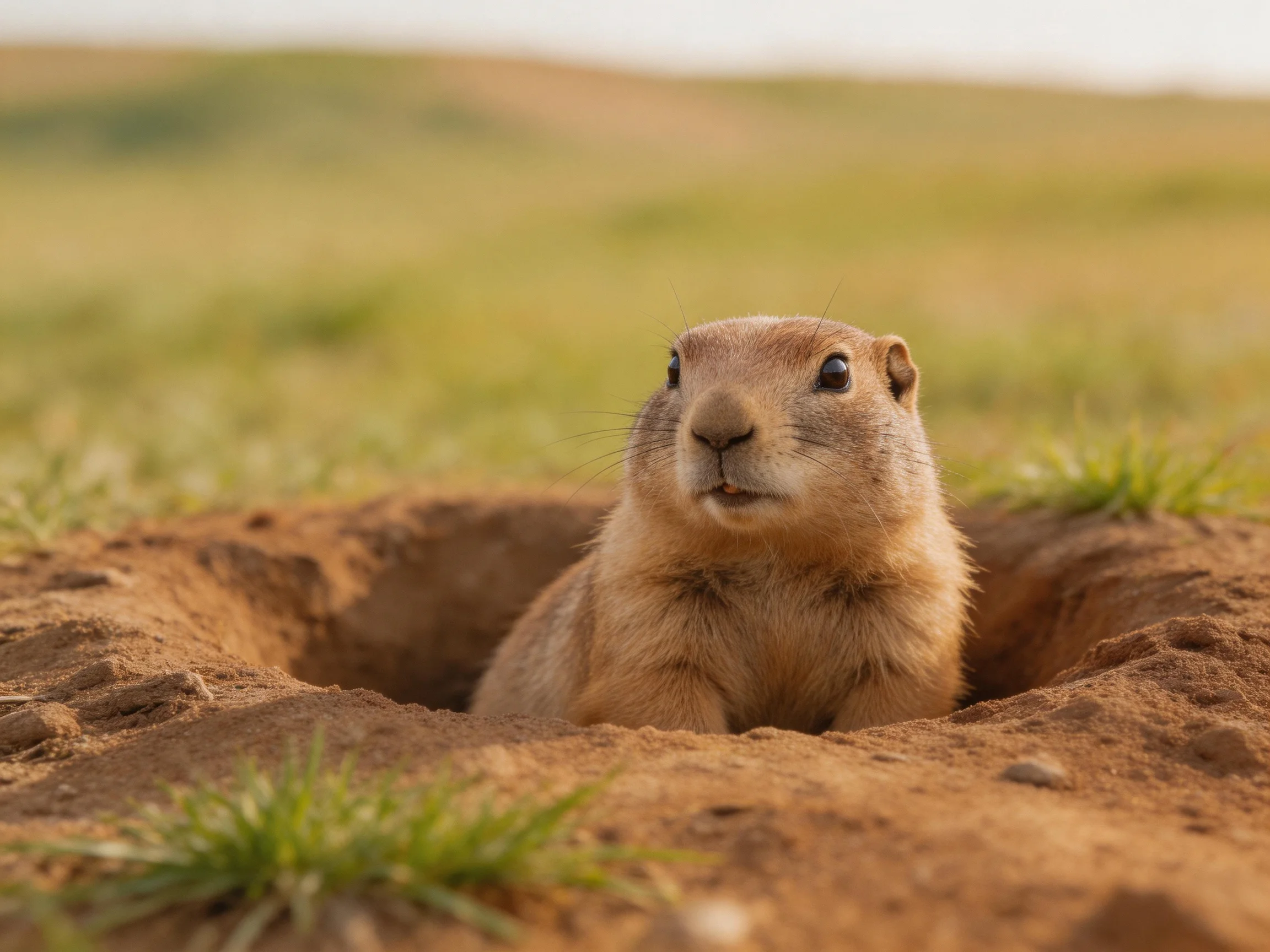 A curious prairie dog emerges from its sandy burrow in a grassy field