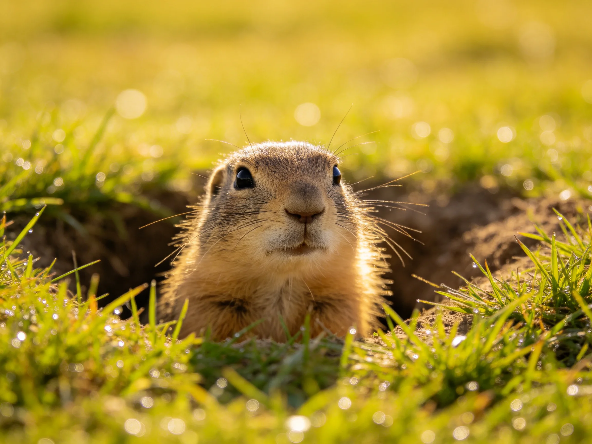 A curious prairie dog peeks from its burrow amid lush green grass