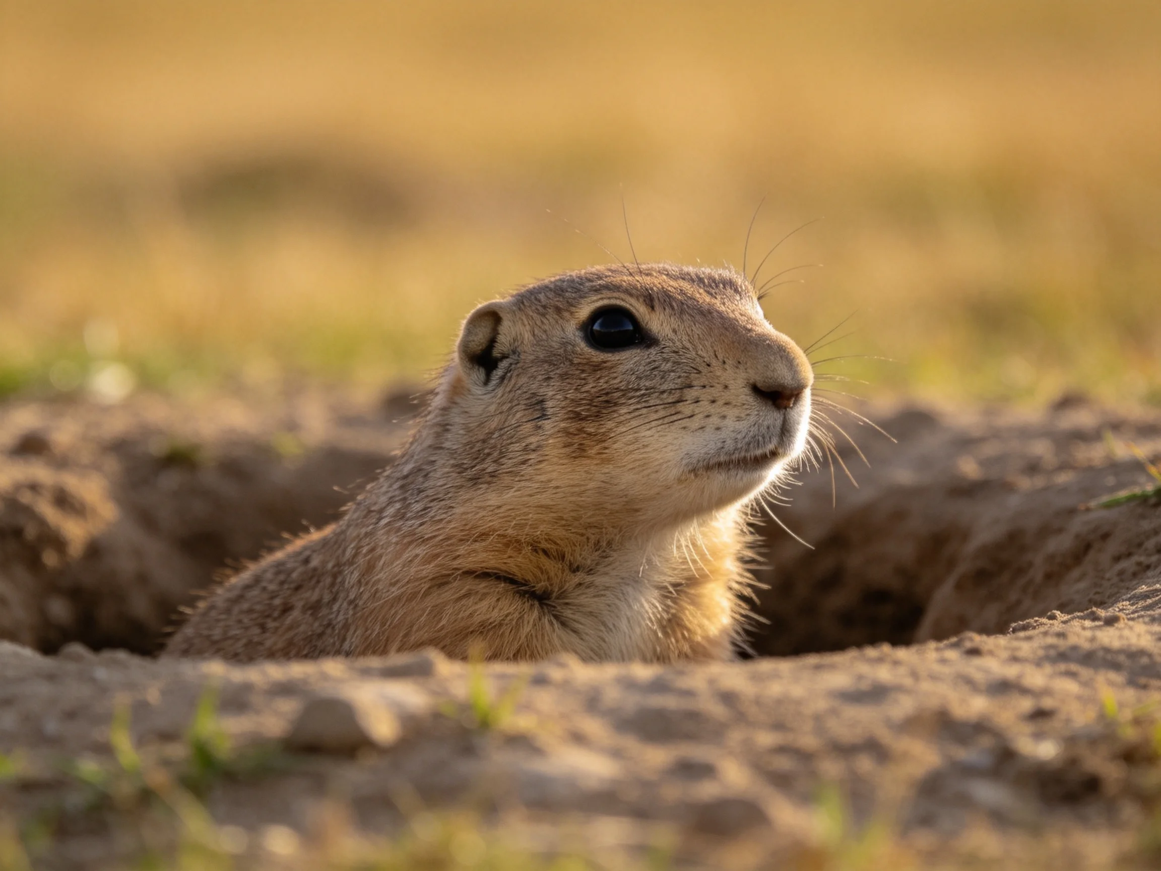 A curious prairie dog peers from a sandy burrow in golden light