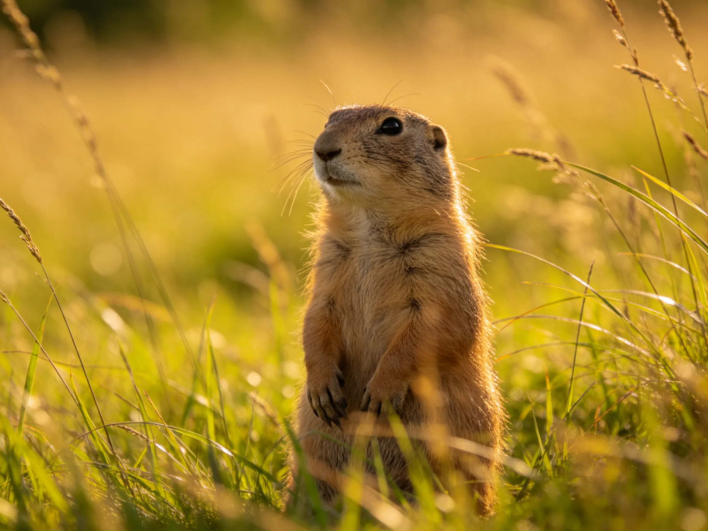 A curious prairie dog stands amid tall golden grasses in soft sunlight