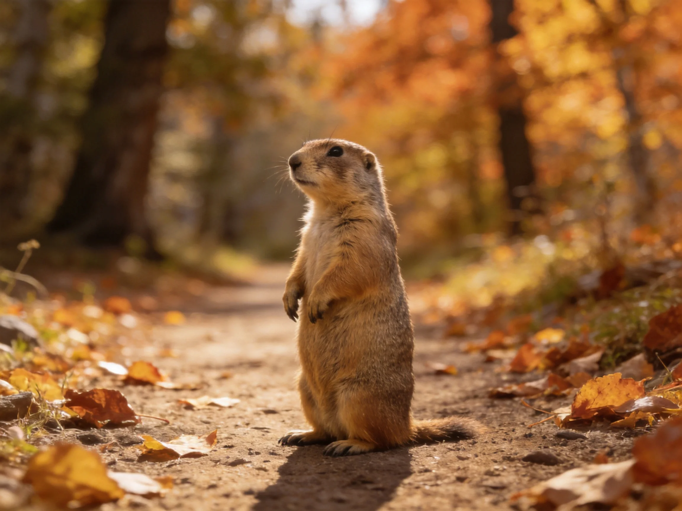 A curious prairie dog stands on a leaf-strewn dirt path surrounded by golden autumn foliage