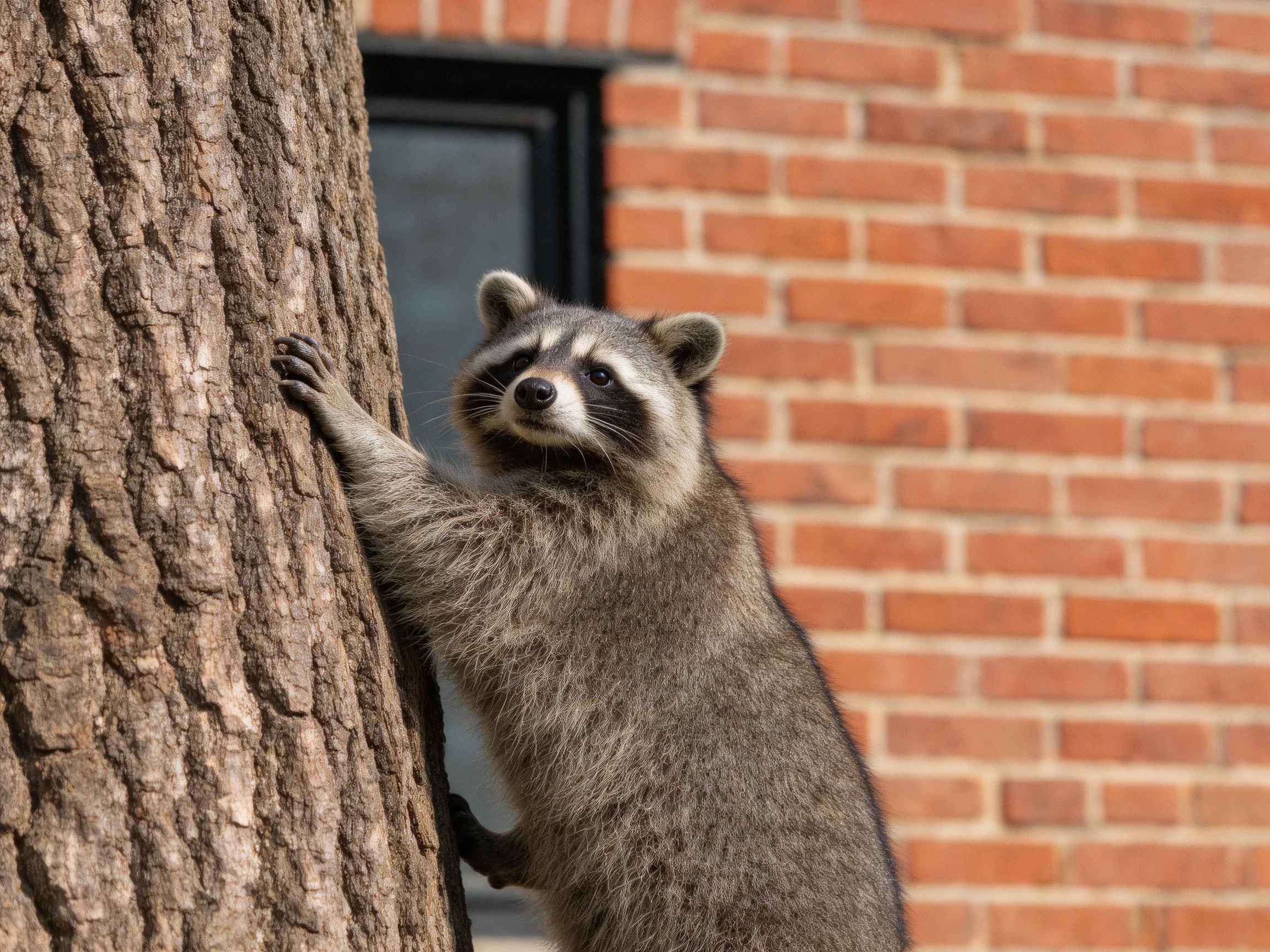 A curious raccoon climbs a textured tree trunk beside a red-brick building