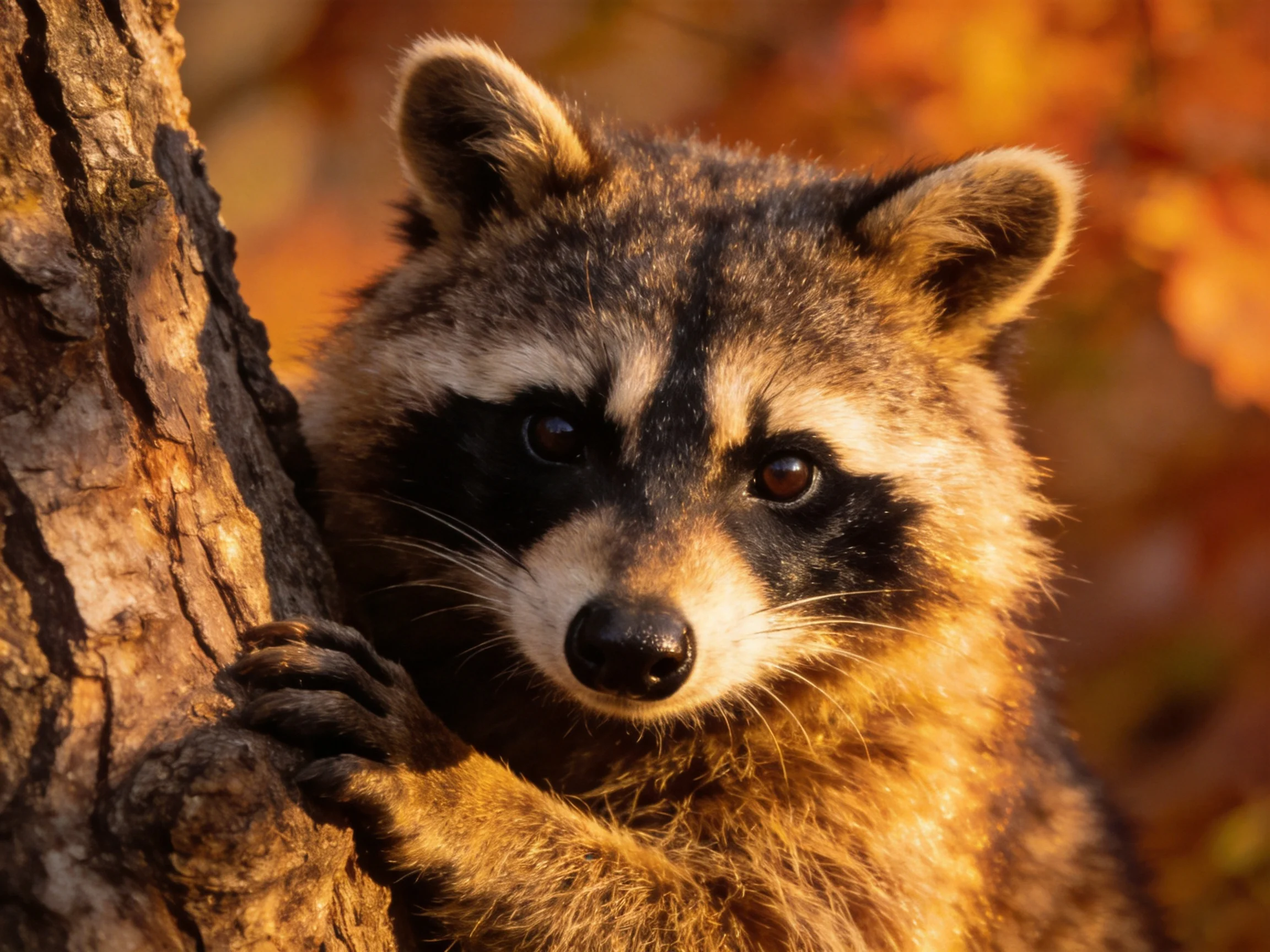 A curious raccoon clings to a tree trunk amid golden autumn leaves