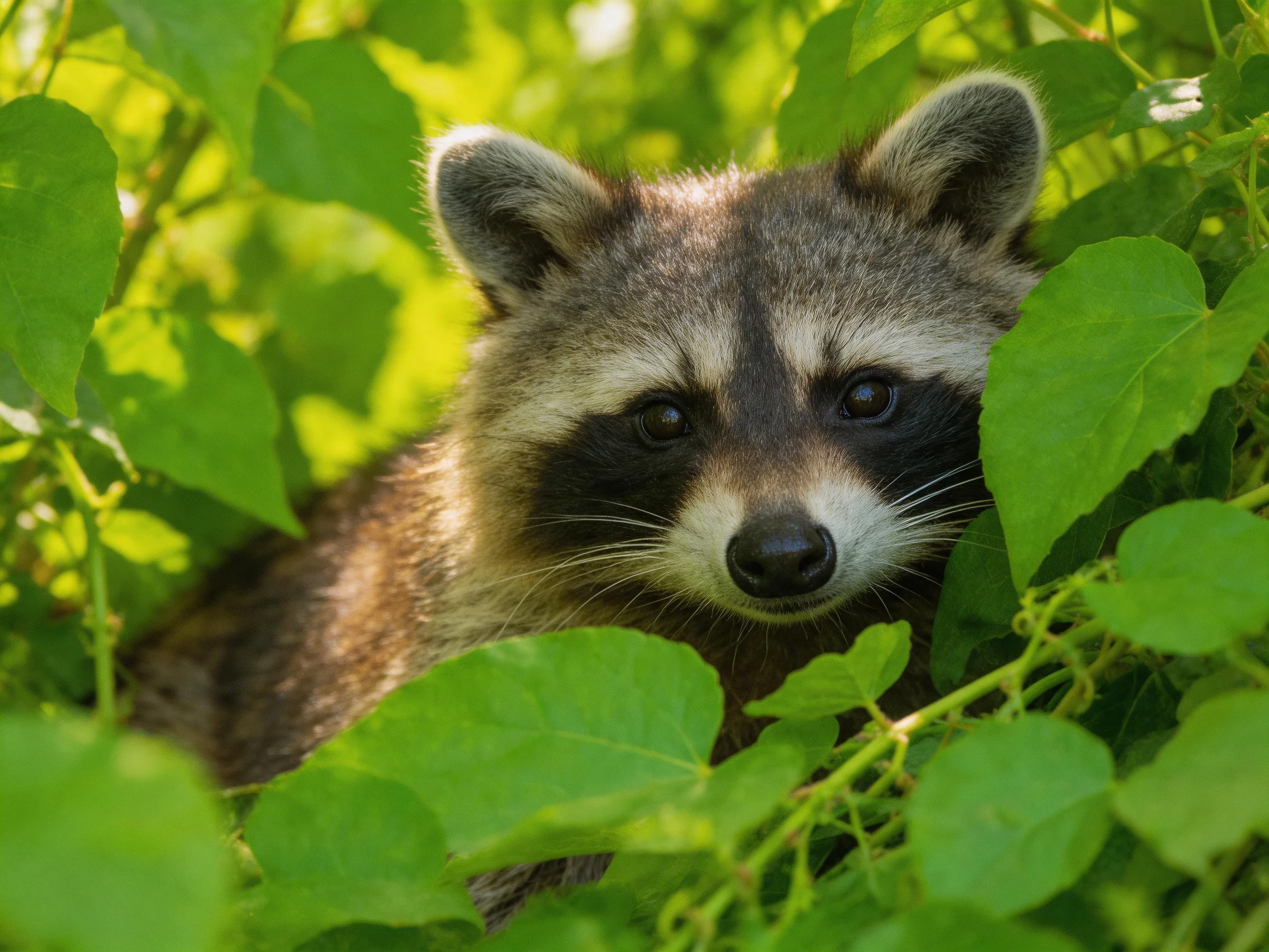A curious raccoon peeks from lush green foliage with earthy fur