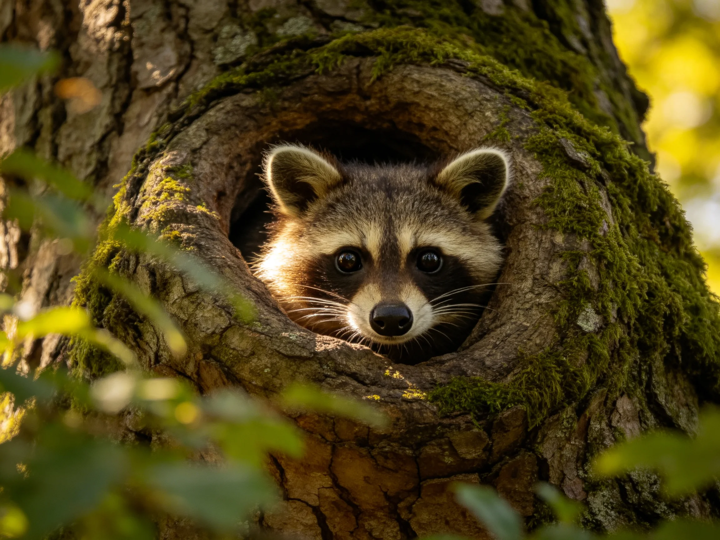 A curious raccoon peers from a moss-covered tree hollow