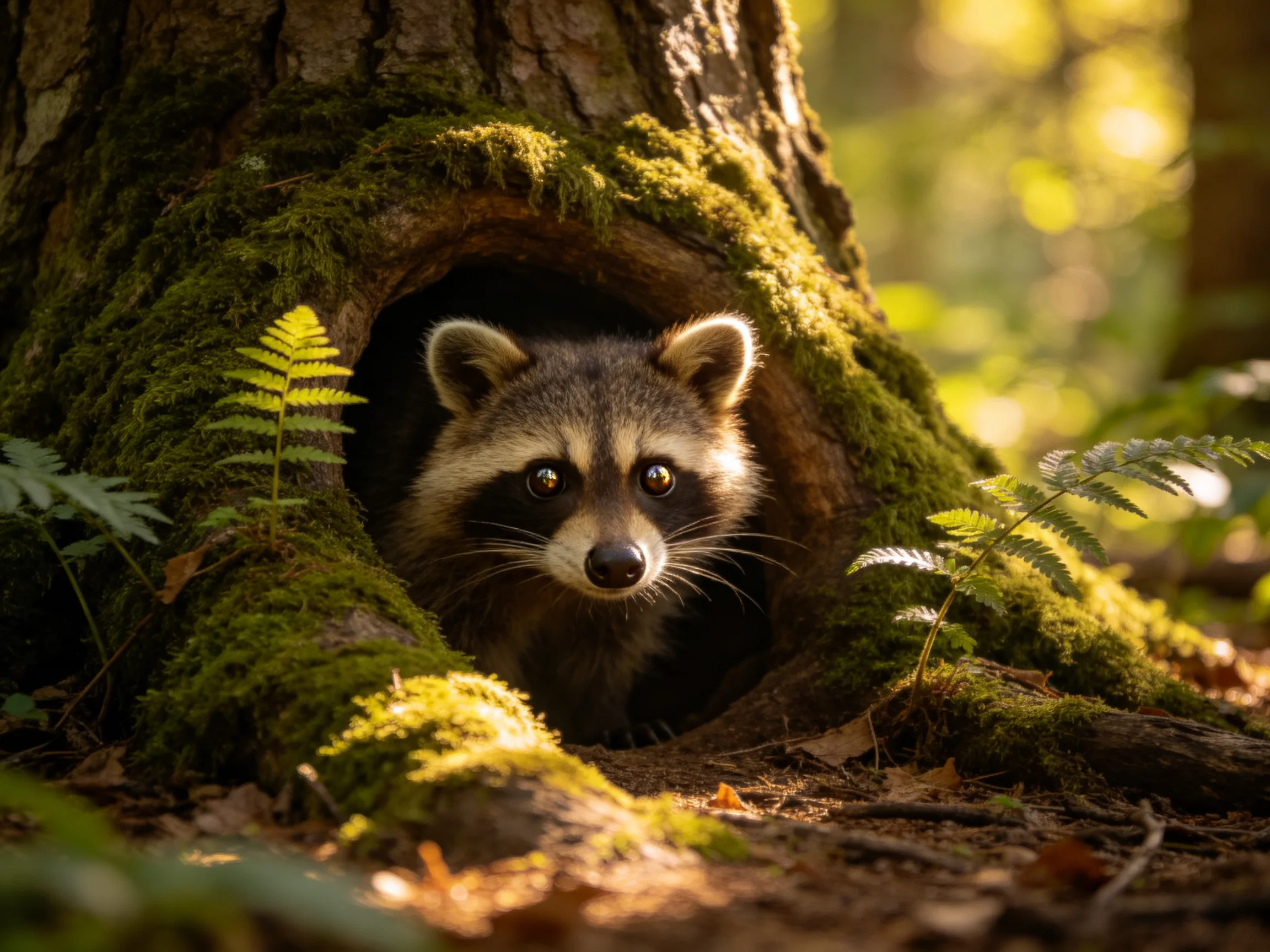 A curious raccoon peers from a moss-covered tree hollow in a sunlit forest