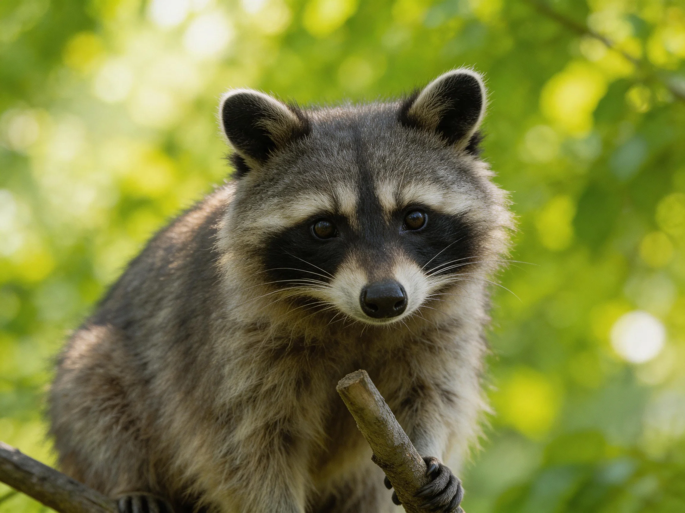 A curious raccoon perched on a branch amid lush green foliage