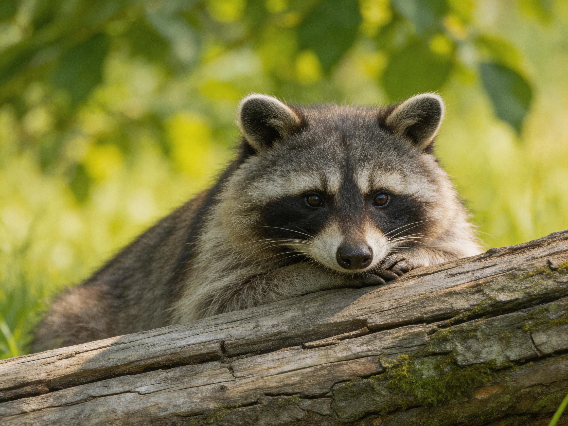 A curious raccoon rests on a moss-covered fallen log amid lush green foliage
