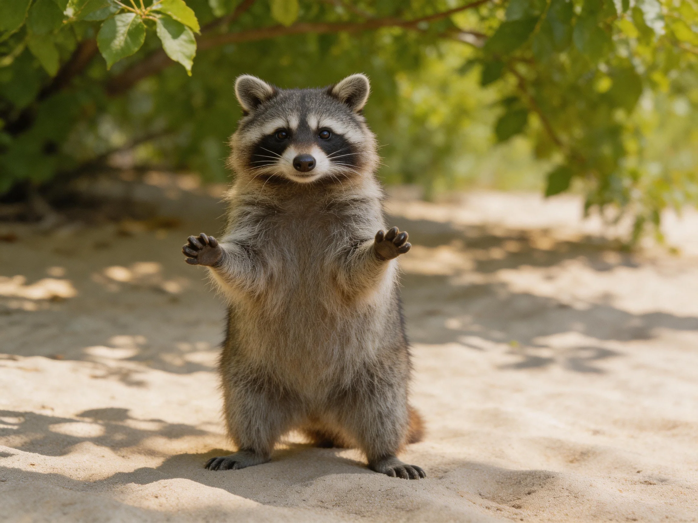 A curious raccoon stands upright on sandy ground near lush greenery
