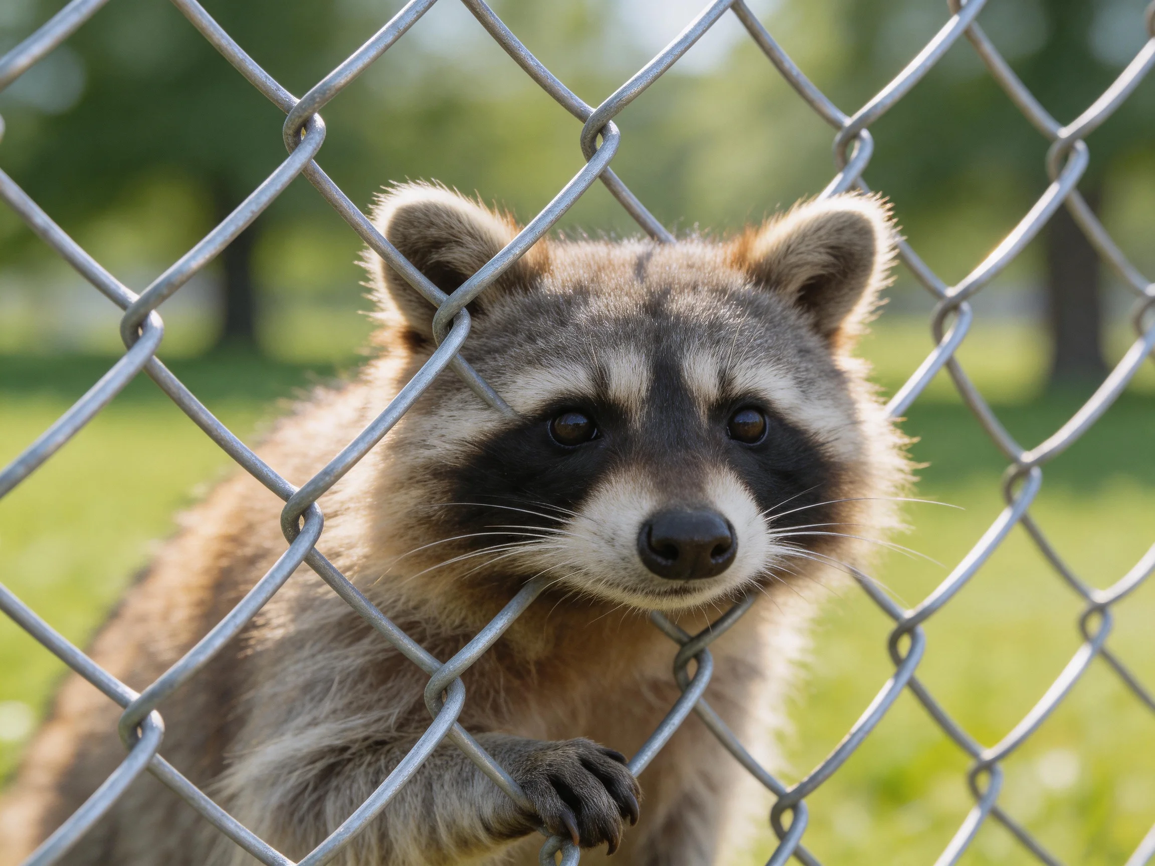 A curious raccoon with brown and gray fur peers through a silver chain-link fence
