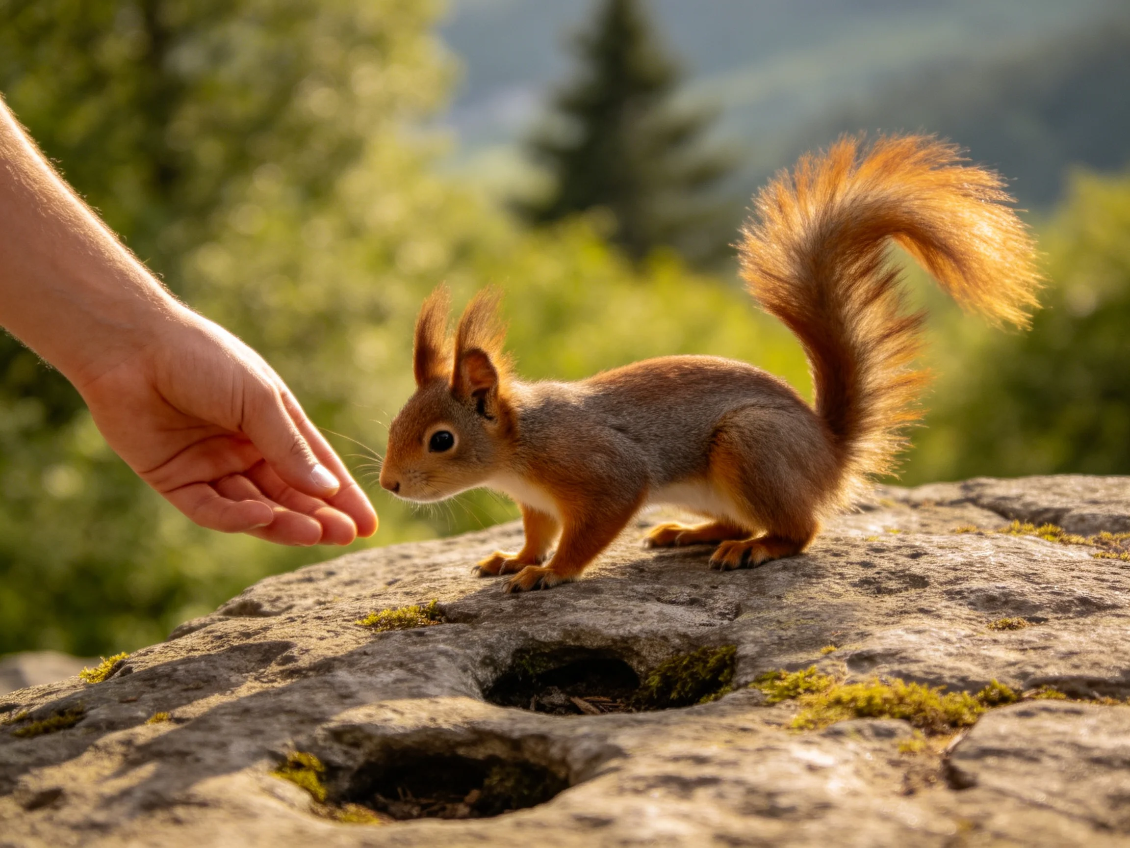 A small reddish-brown squirrel cautiously approaches a human hand near rocky terrain.