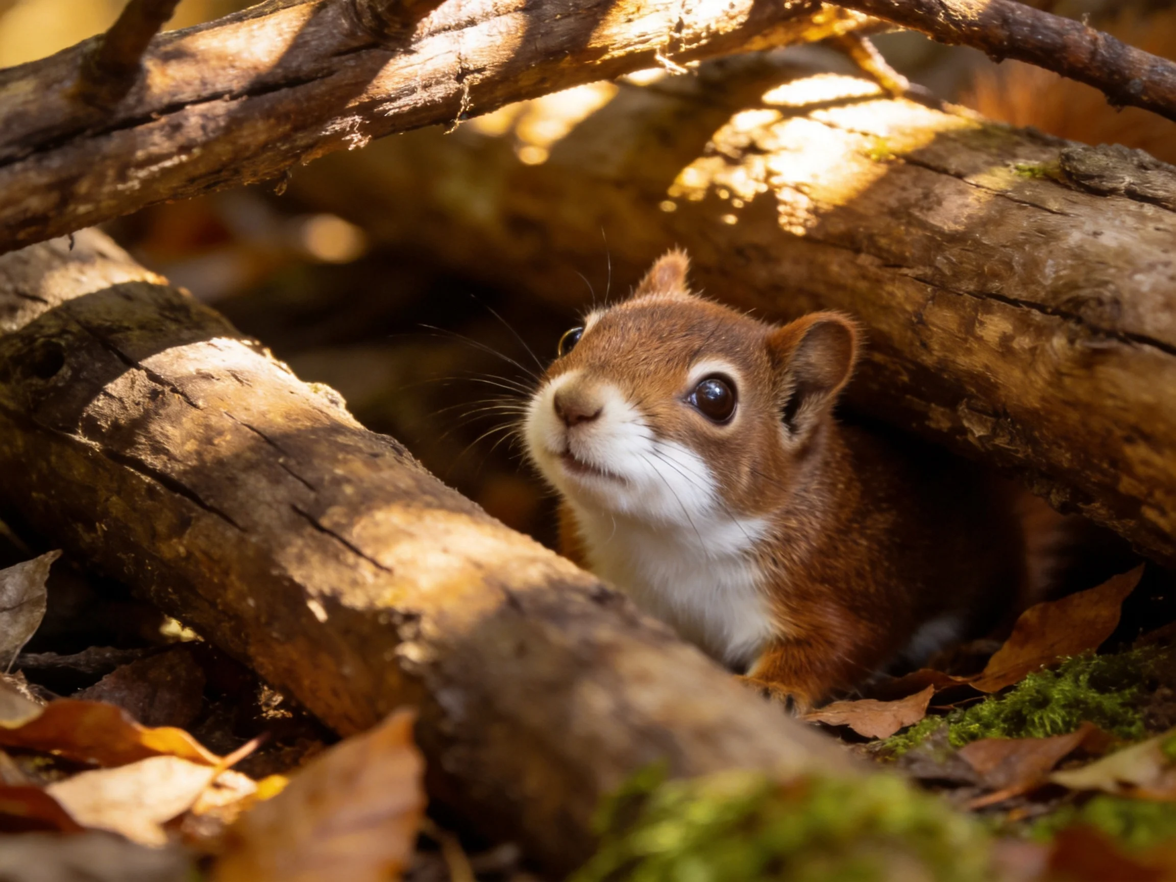 A small reddish-brown squirrel peeks out from between large, weathered logs.