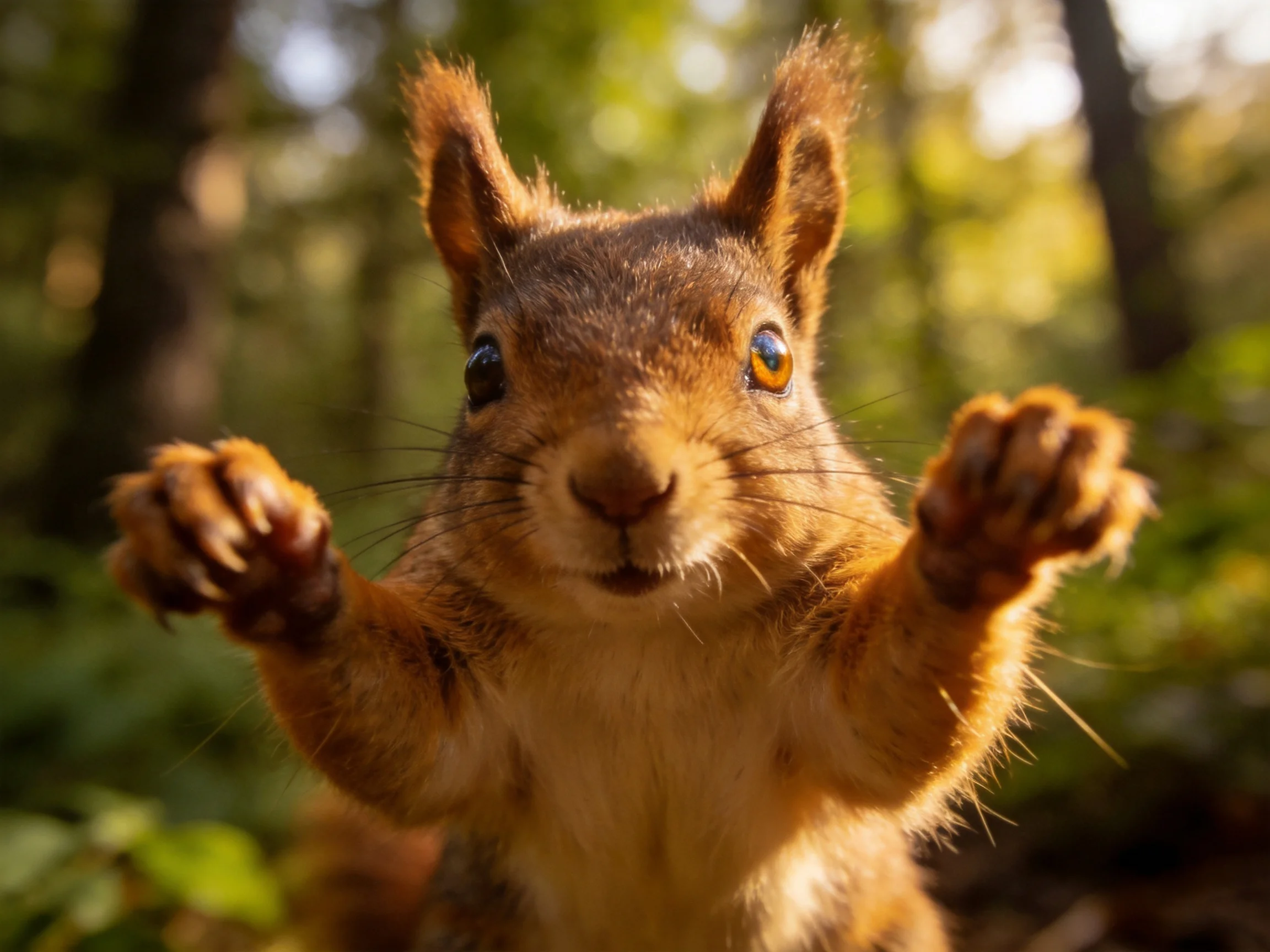 A curious squirrel extends its front paws toward the camera in a sunlit woodland.