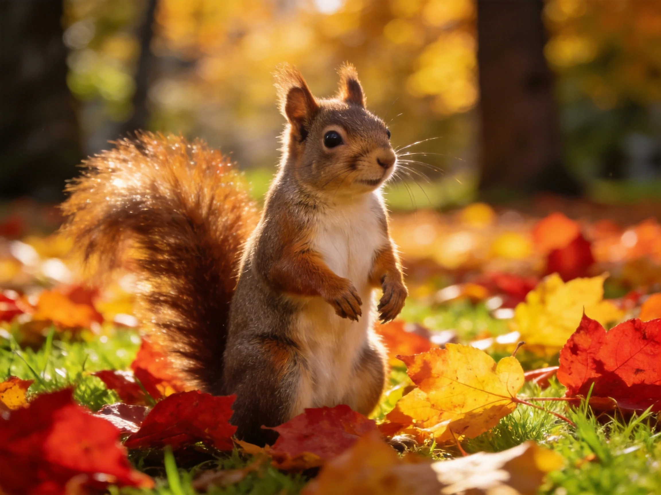 A curious squirrel amidst vibrant autumn leaves in a sunlit forest