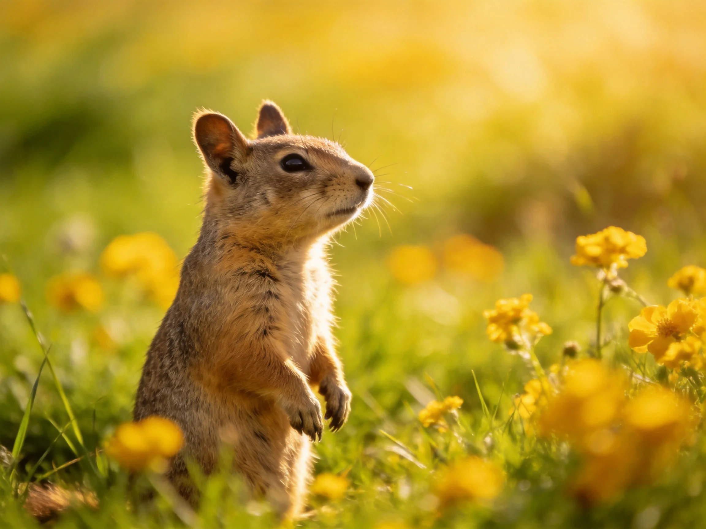 A curious squirrel amidst yellow blooms in a sunlit meadow