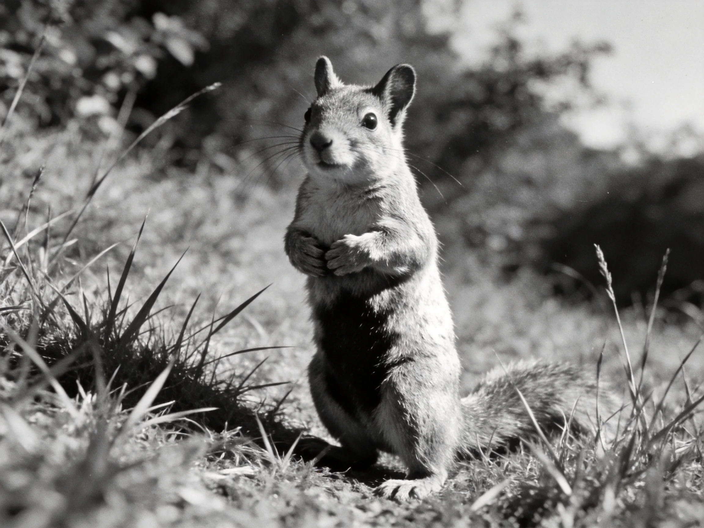 A curious squirrel stands upright in a grassy natural landscape.