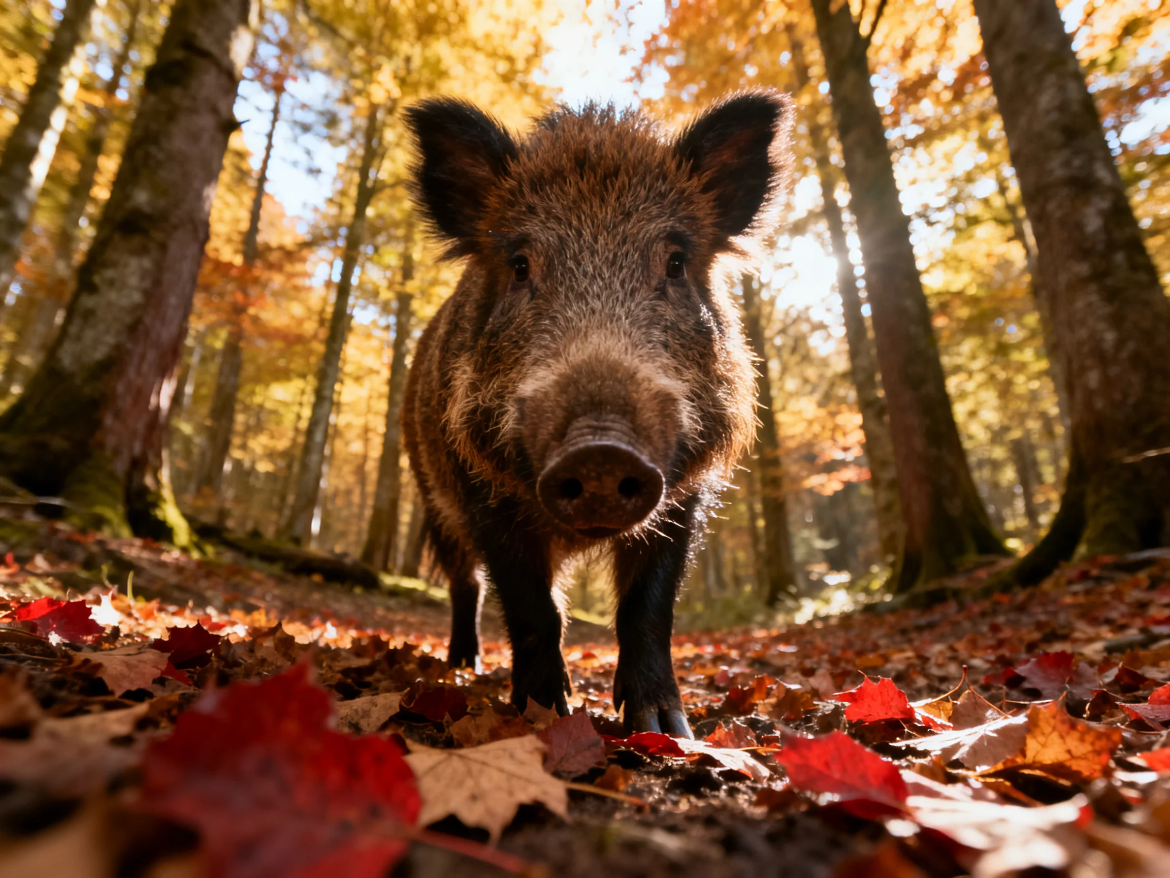 A curious wild boar in an autumn forest with golden foliage