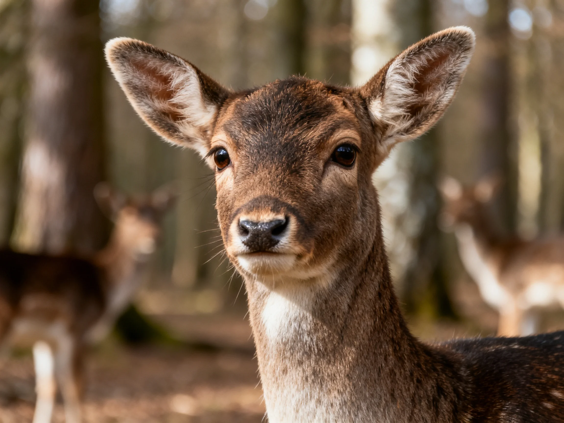 A curious young deer gazes directly at the camera in a wooded forest
