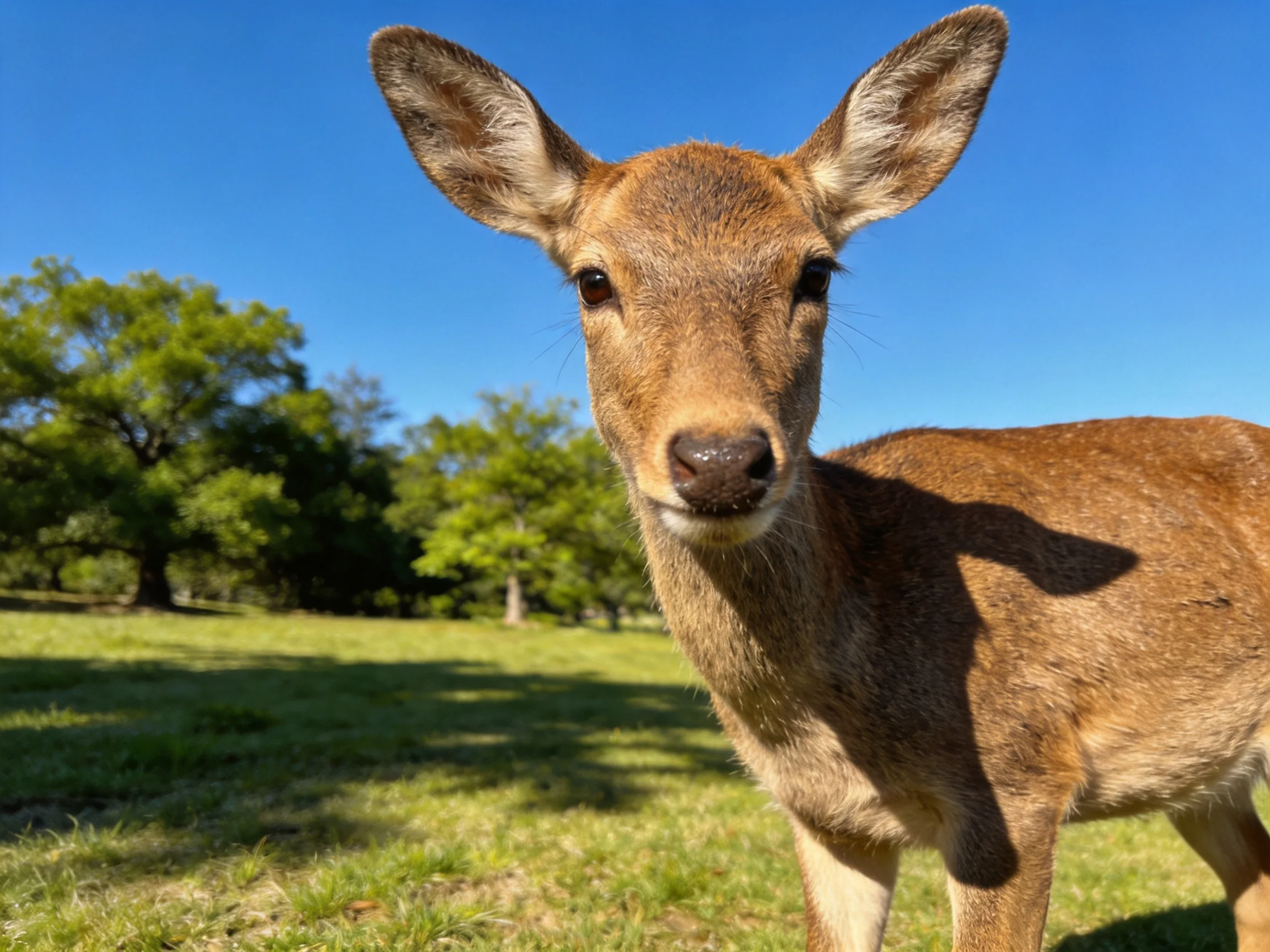 A curious young deer looks directly at the camera in a sunlit open field.