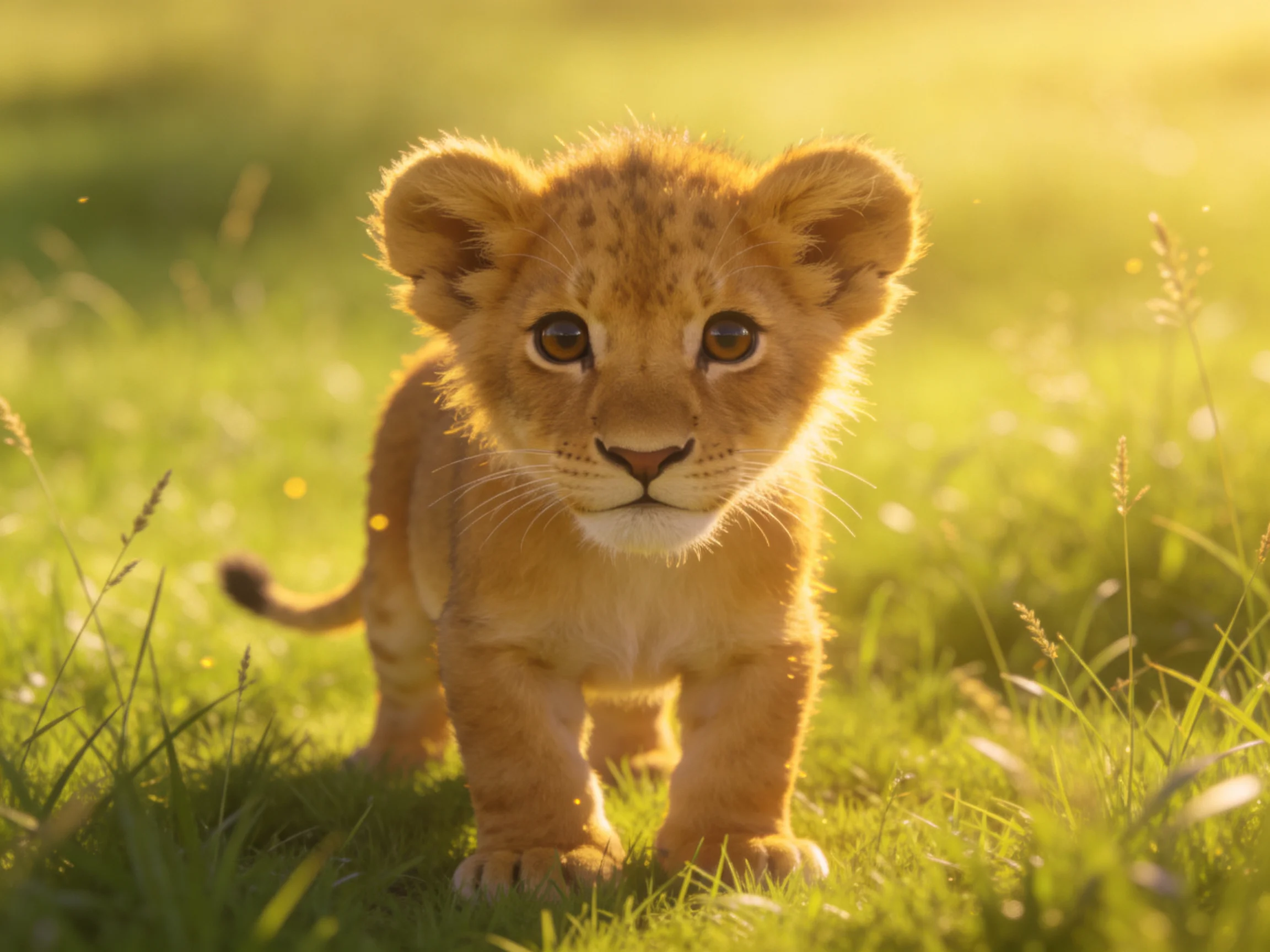 A curious young lion cub explores sunlit green grass