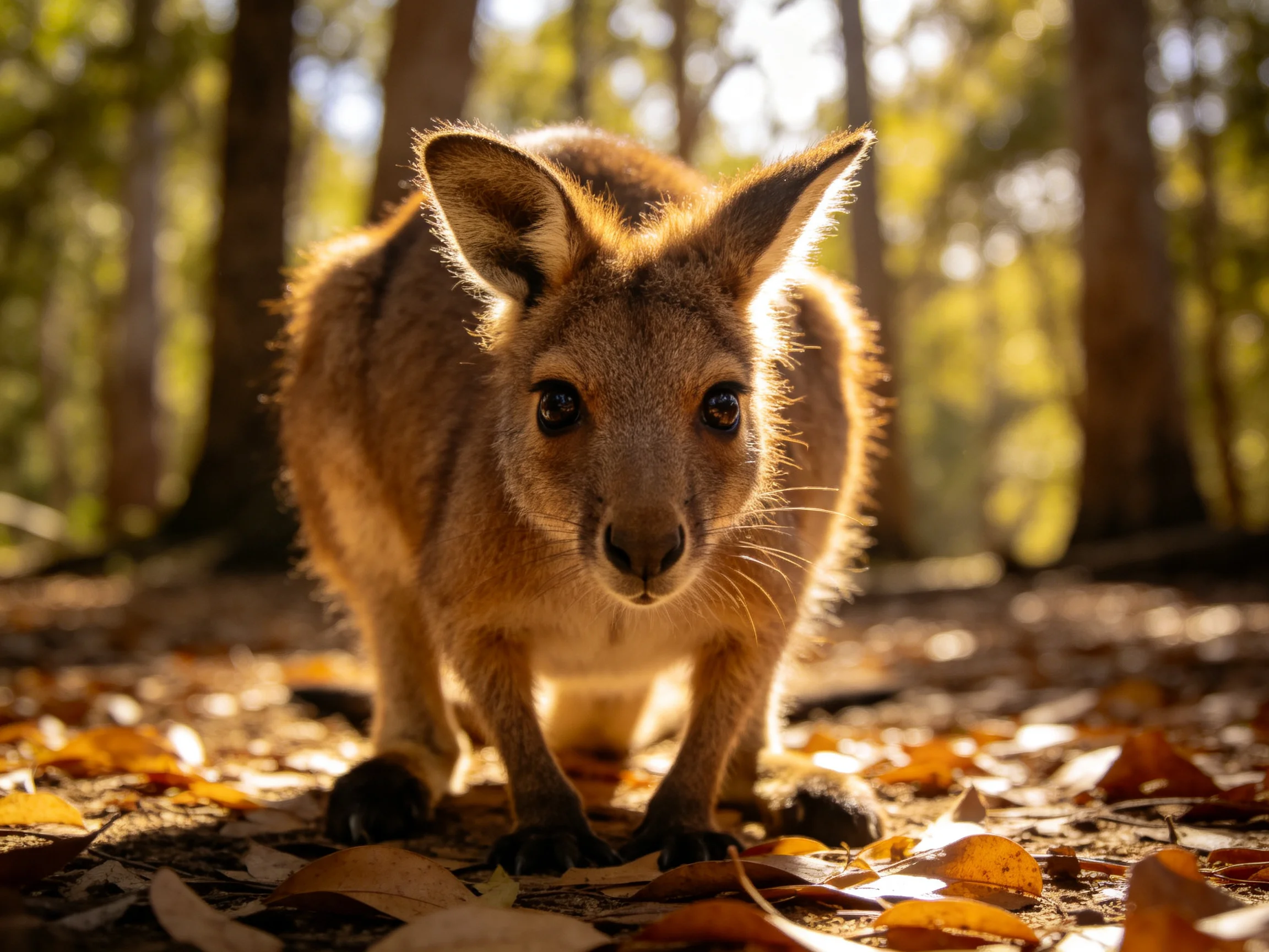 A young macropod stands among fallen leaves in a sunlit forest.