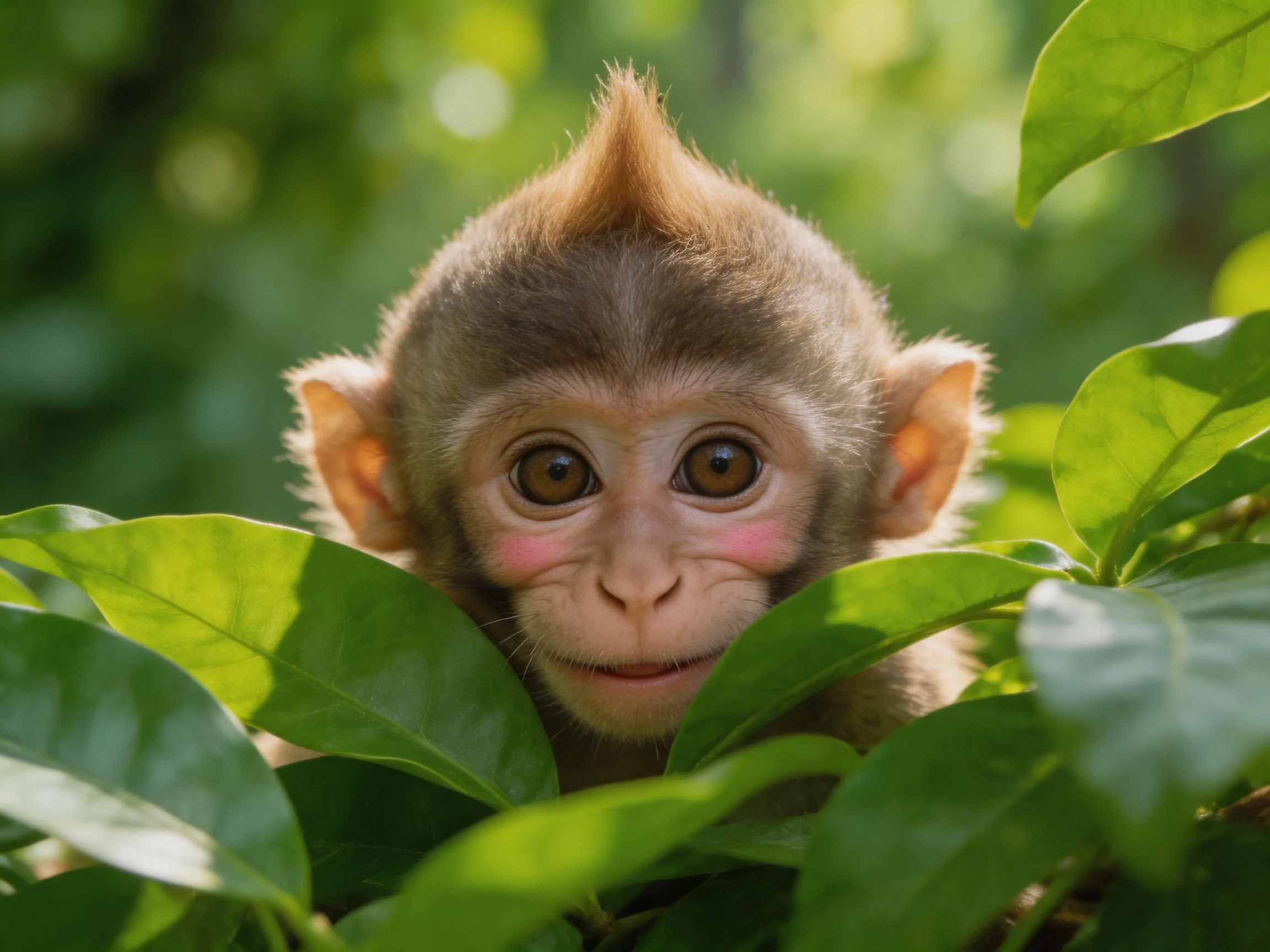 A young monkey peeks from behind lush green leaves with wide eyes.