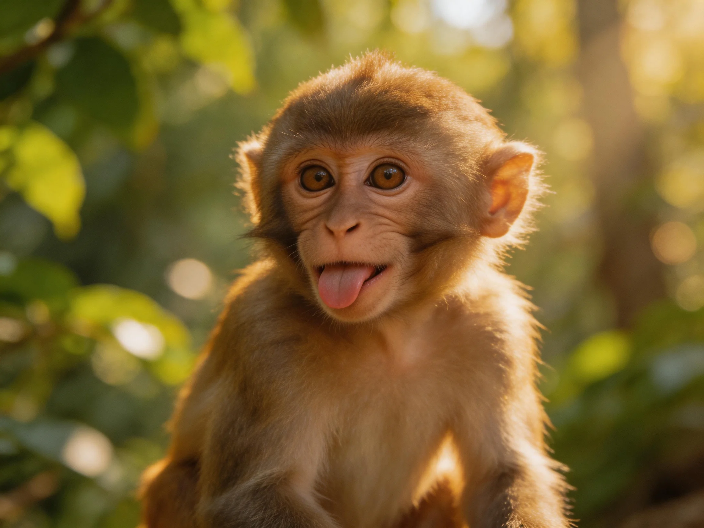 A curious young monkey sticks tongue out amid lush green foliage