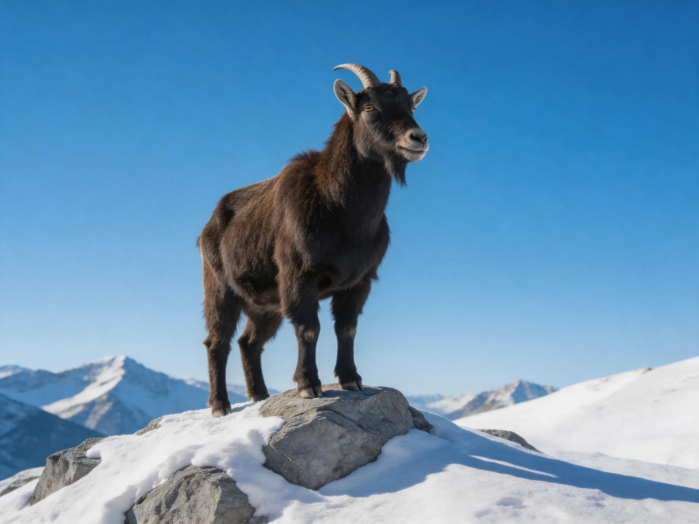 A dark brown goat stands on a snow - covered rock in a mountainous landscape.