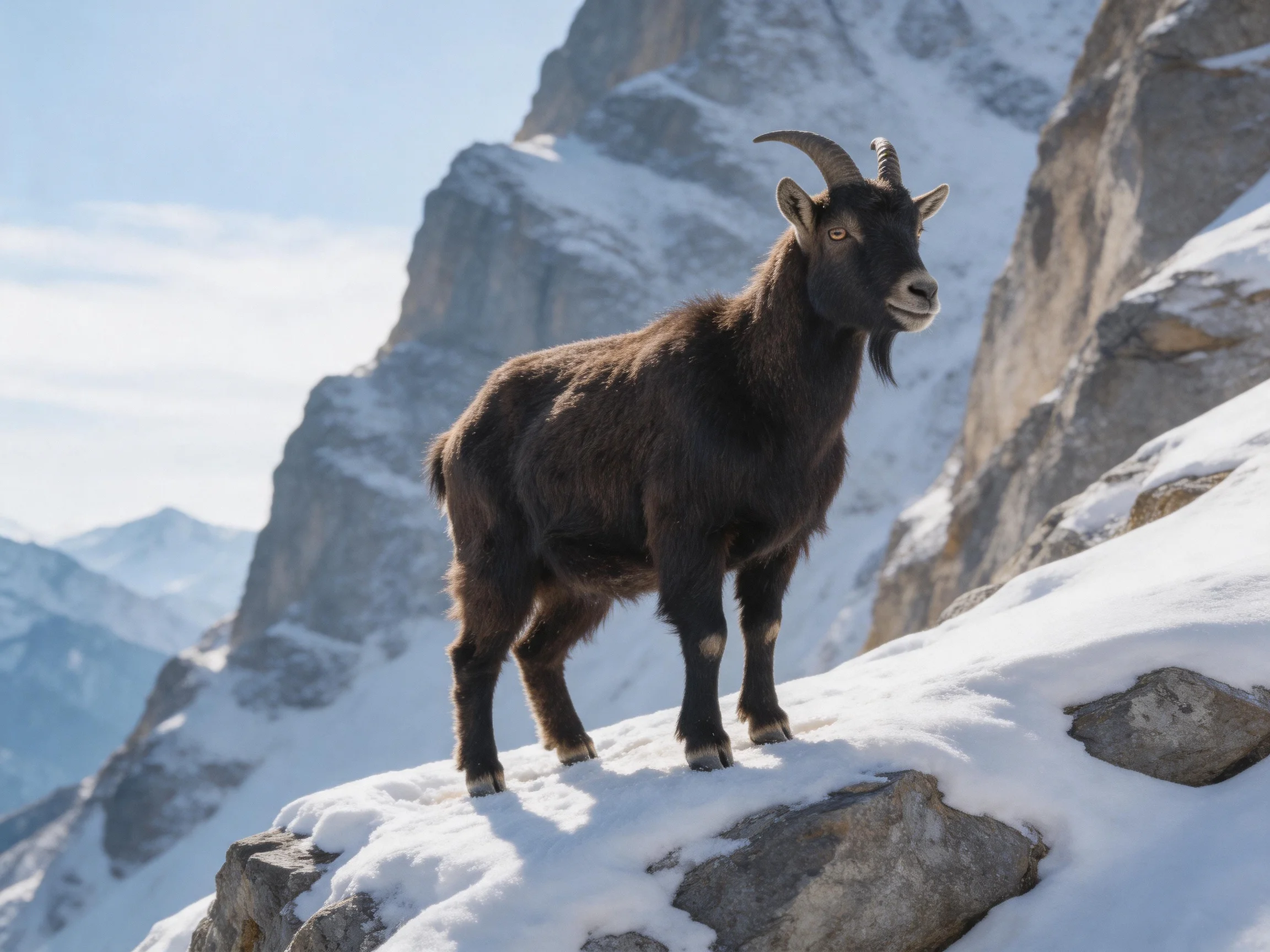 A dark brown goat stands on a snow-covered rocky peak