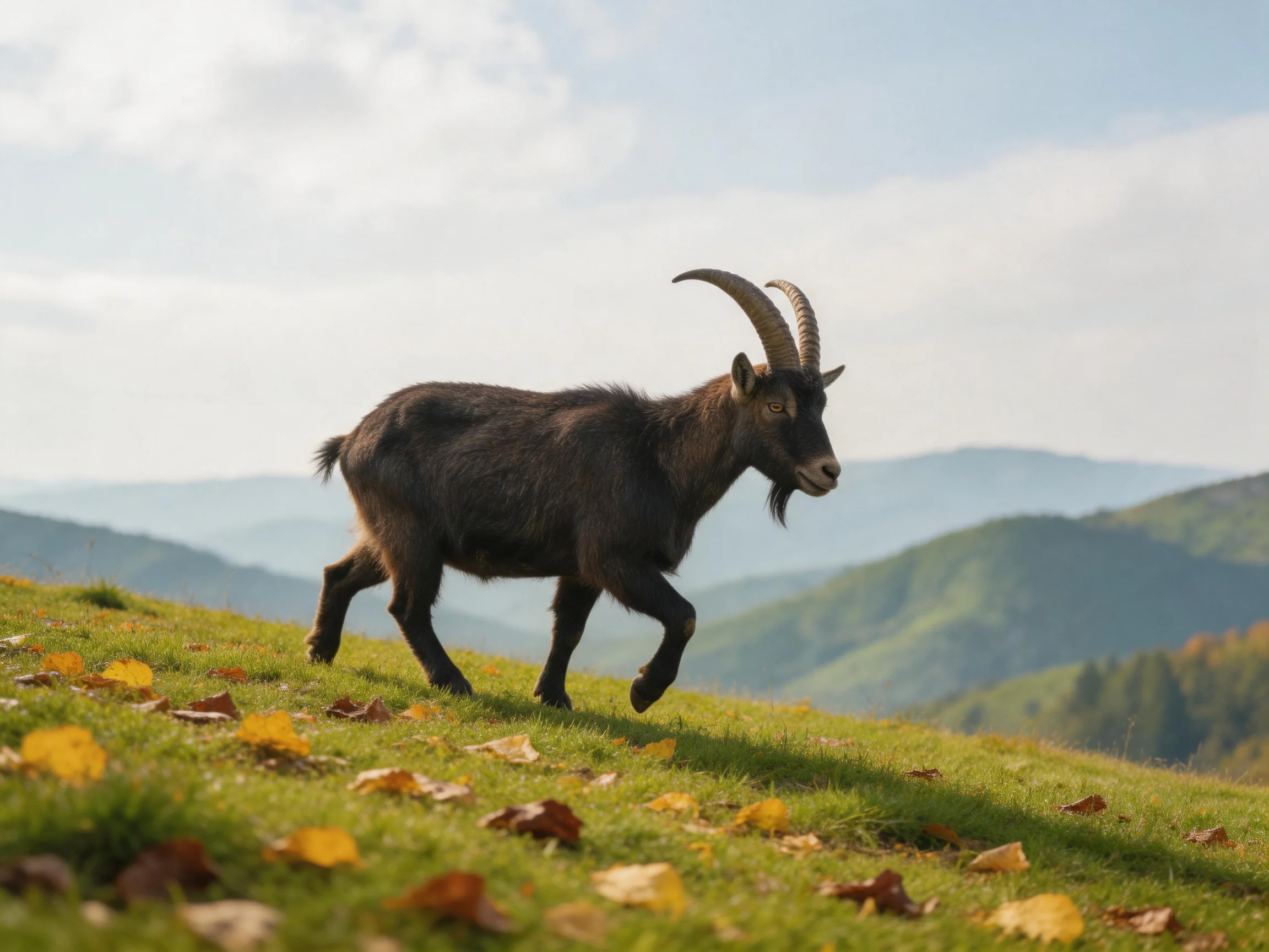 A horned goat moves across a grassy hillside with distant mountains