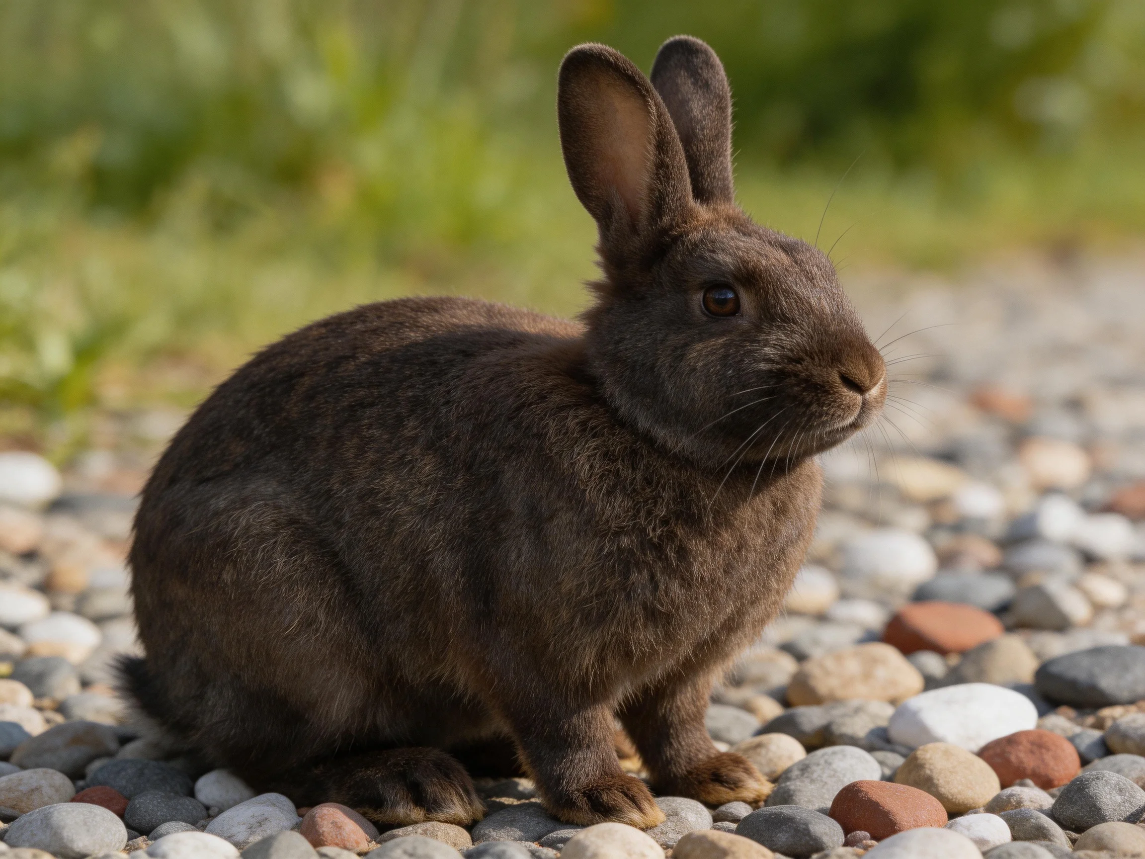 A dark brown rabbit rests on varied pebbles amid green surroundings