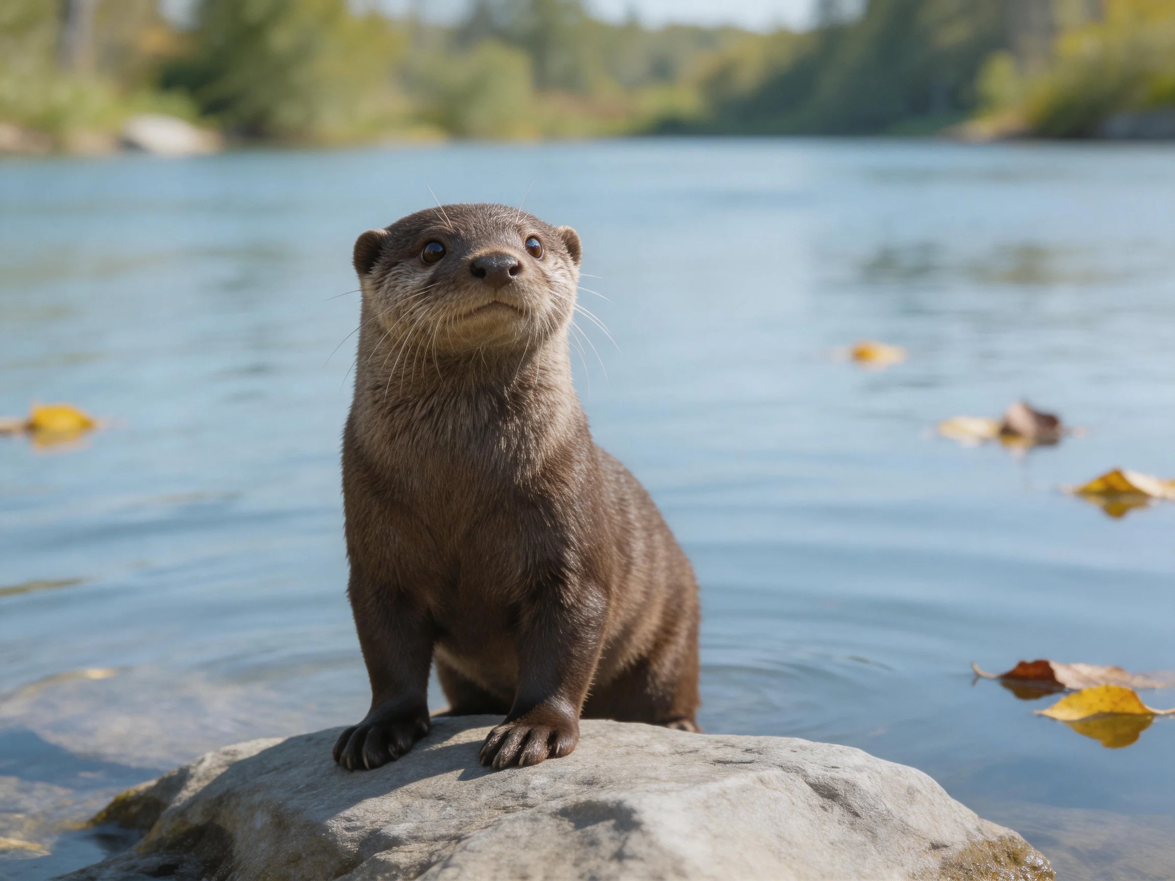A dark brown river otter sits on a rock by a calm body of water.