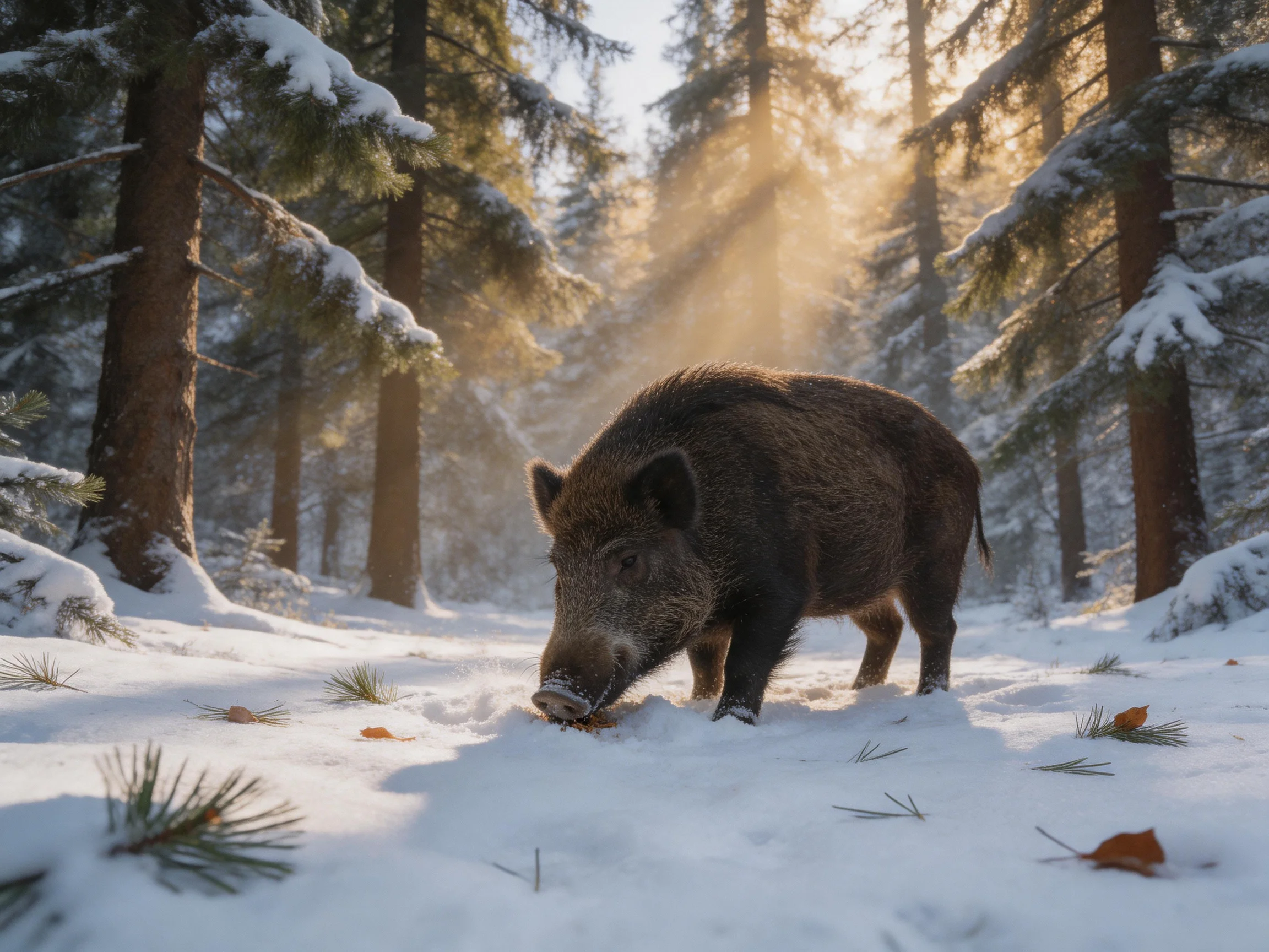 A dark brown wild boar forages in a snow-covered pine forest with golden sunlight