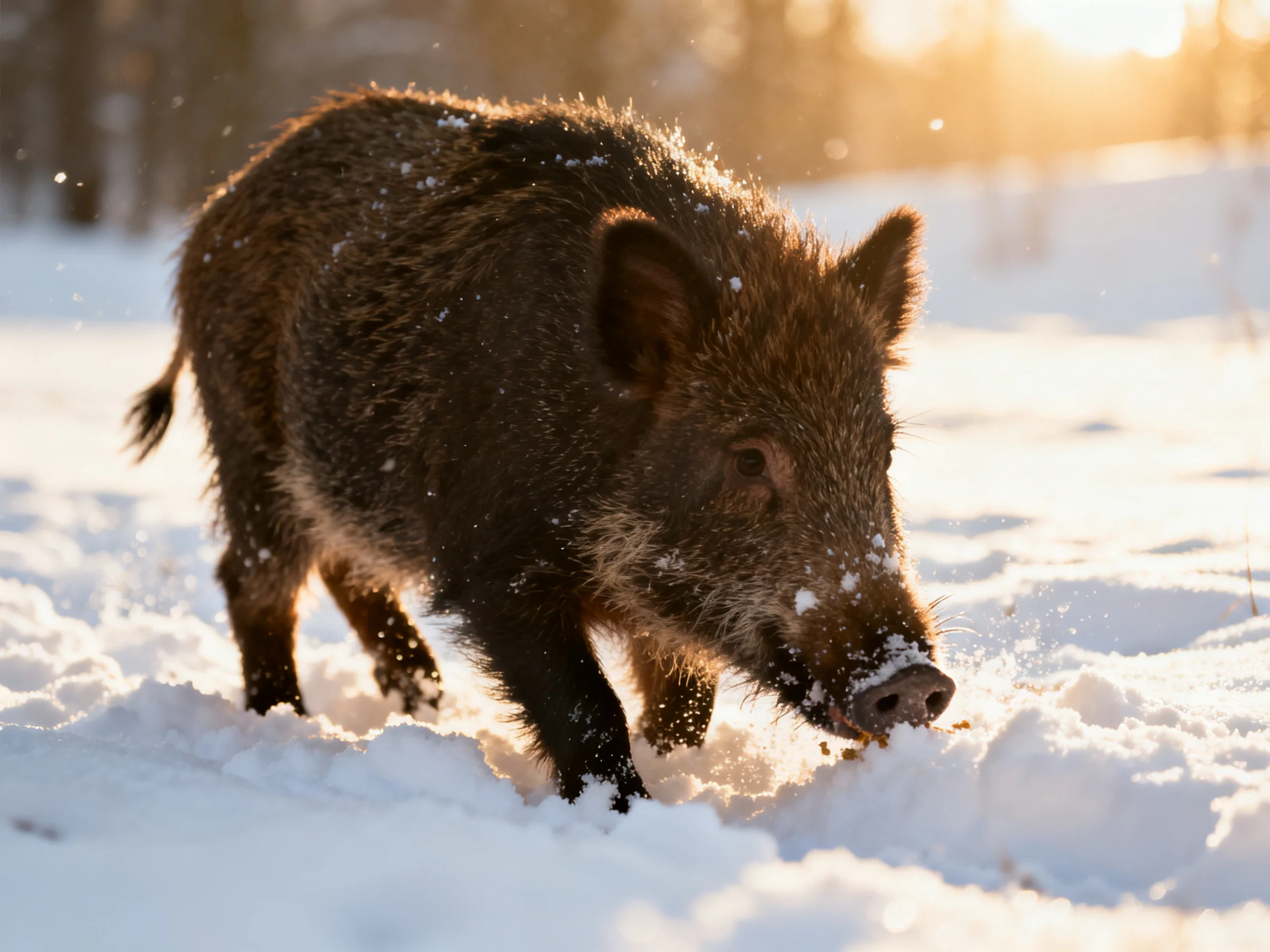 A wild boar searches for food amid deep white snow.