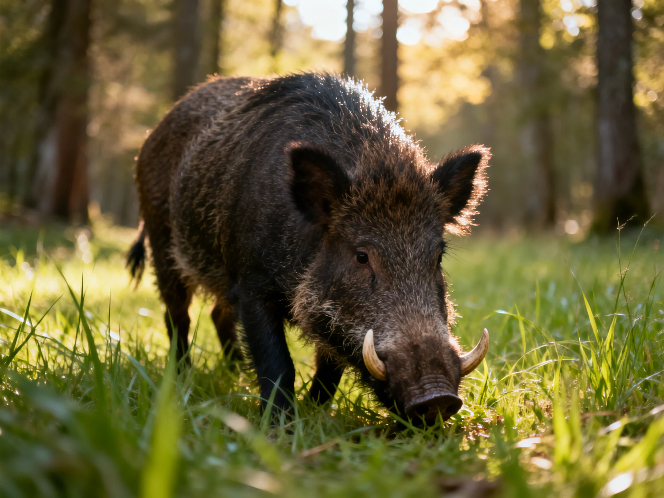 A dark brown wild boar forages in a sunlit forest clearing