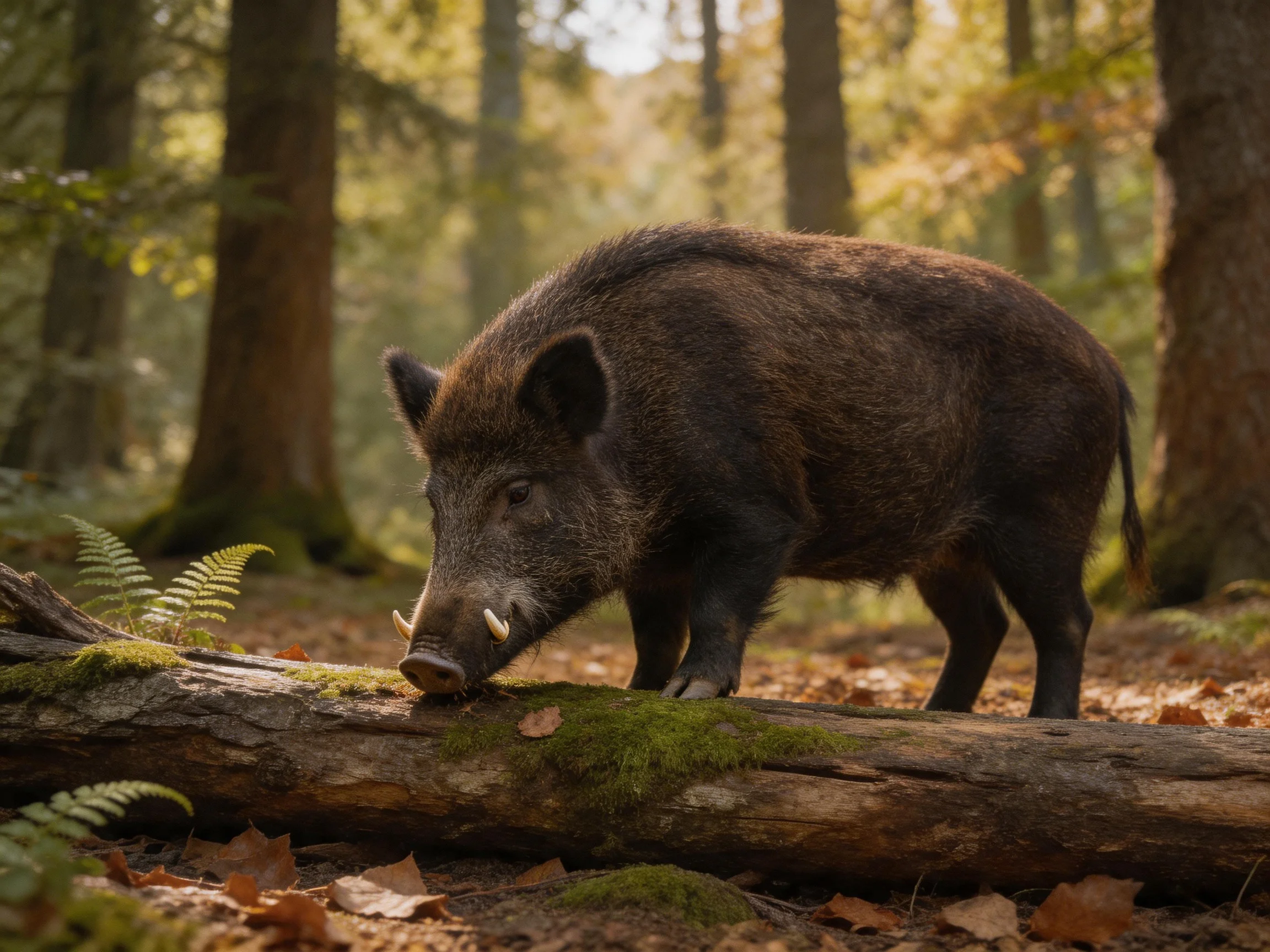 A dark brown wild boar forages near a moss-covered fallen tree trunk in a sunlit forest
