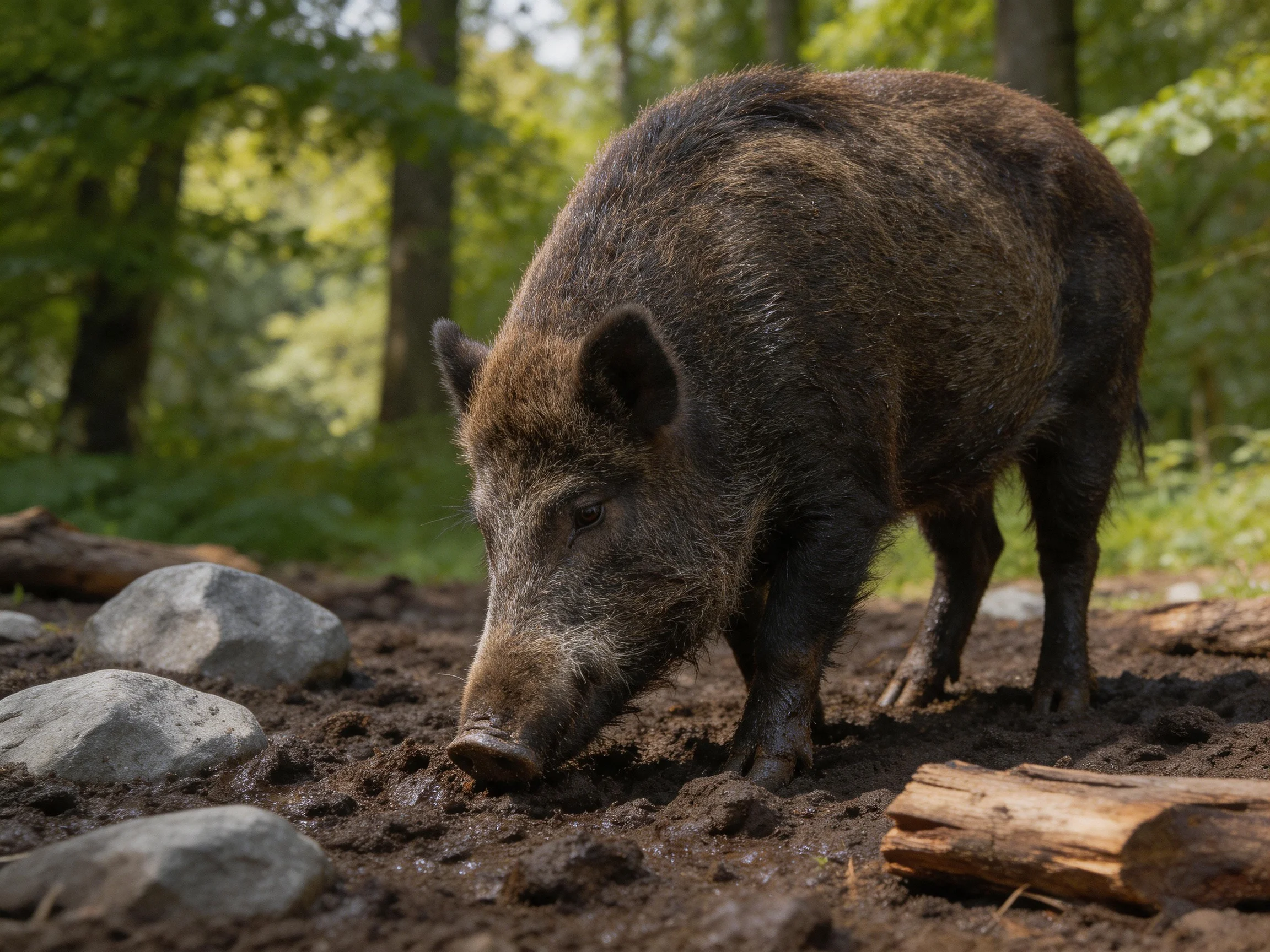 A dark brown wild boar forages near gray rocks and wooden logs