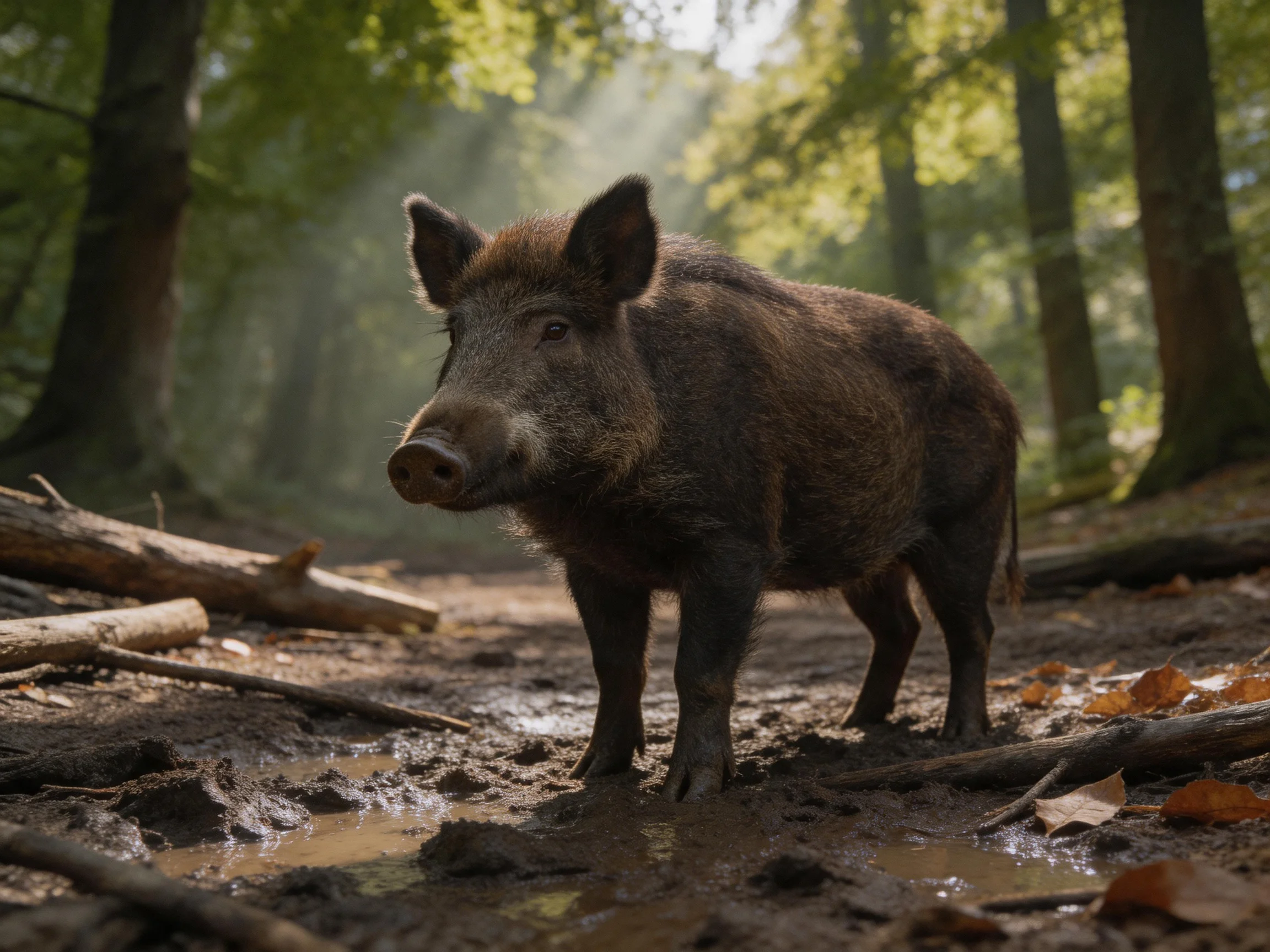 A dark brown wild boar in a muddy forest with tall trees