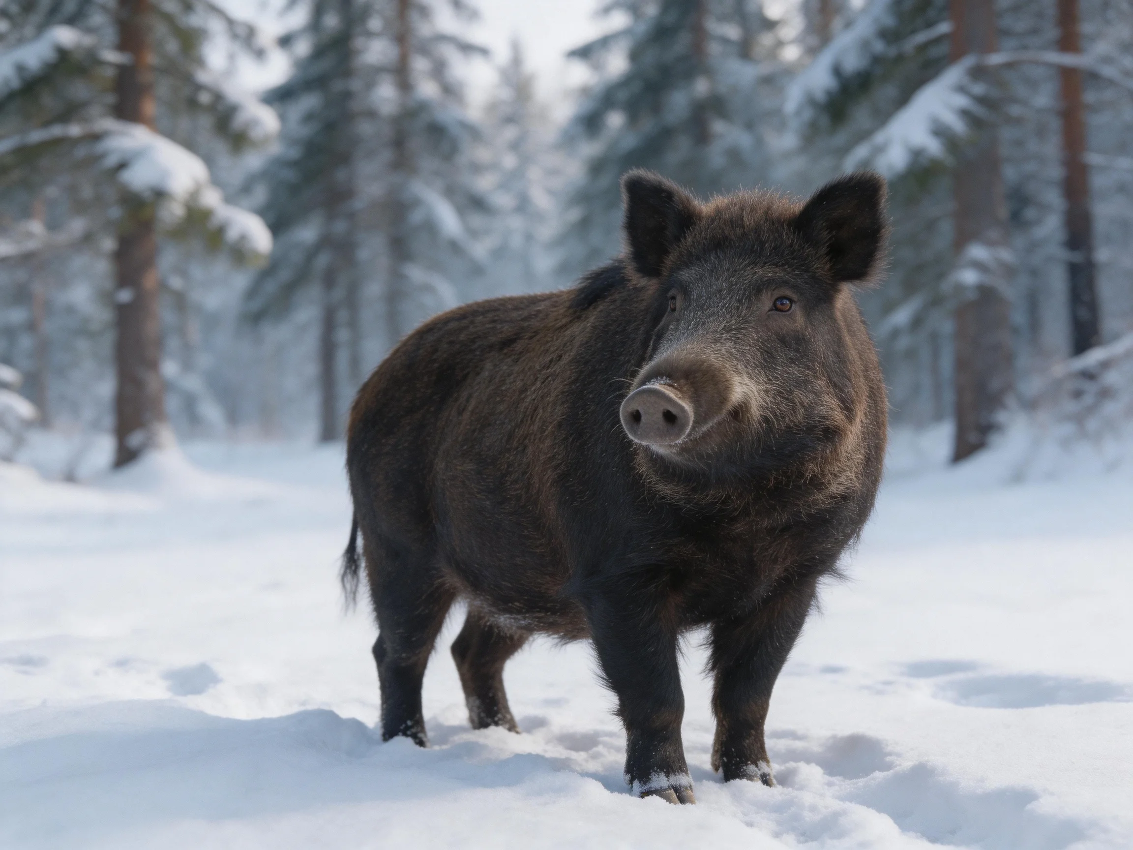 A dark brown wild boar in a snow - covered forest