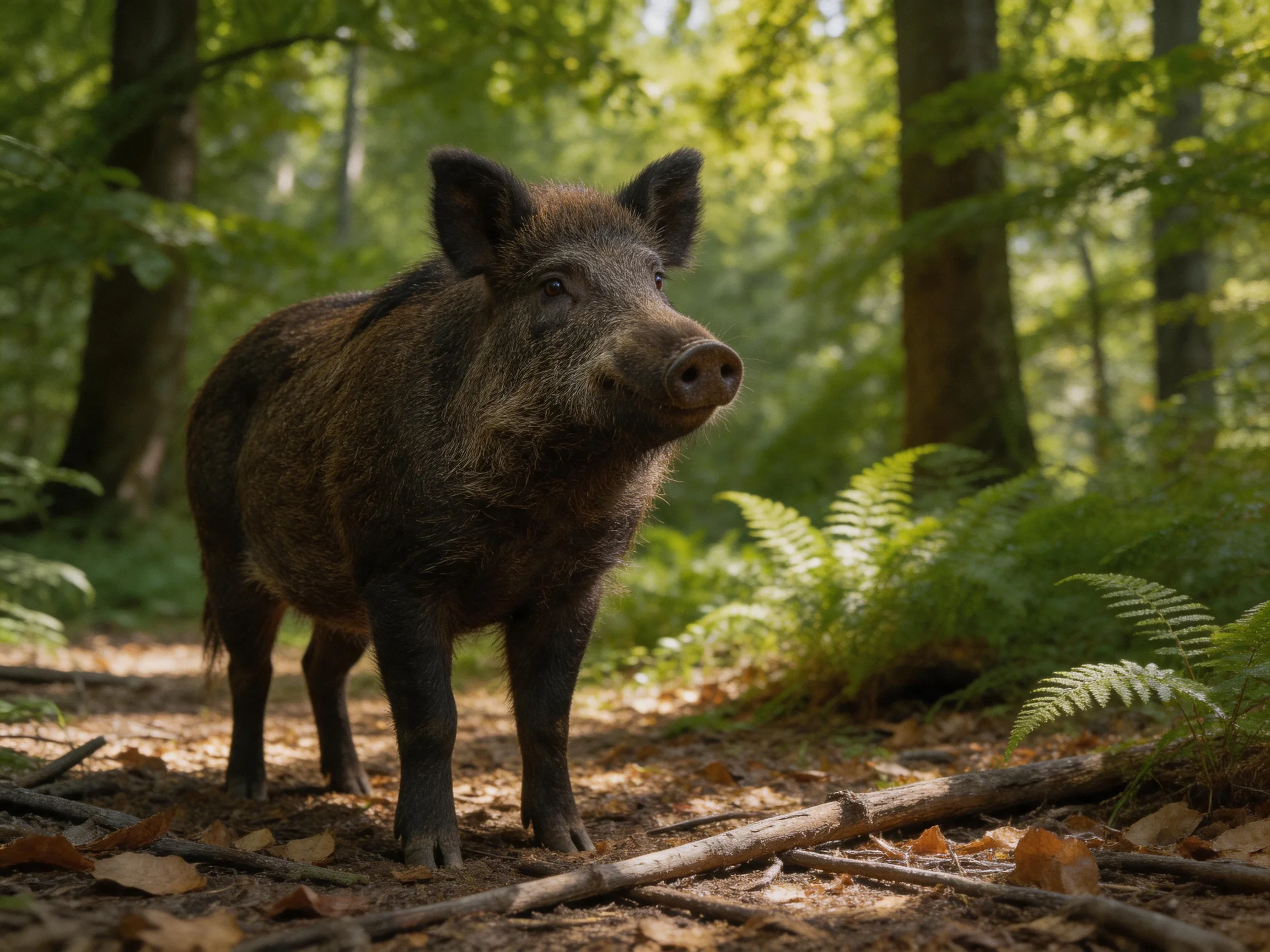 A dark brown wild boar in a sunlit forest