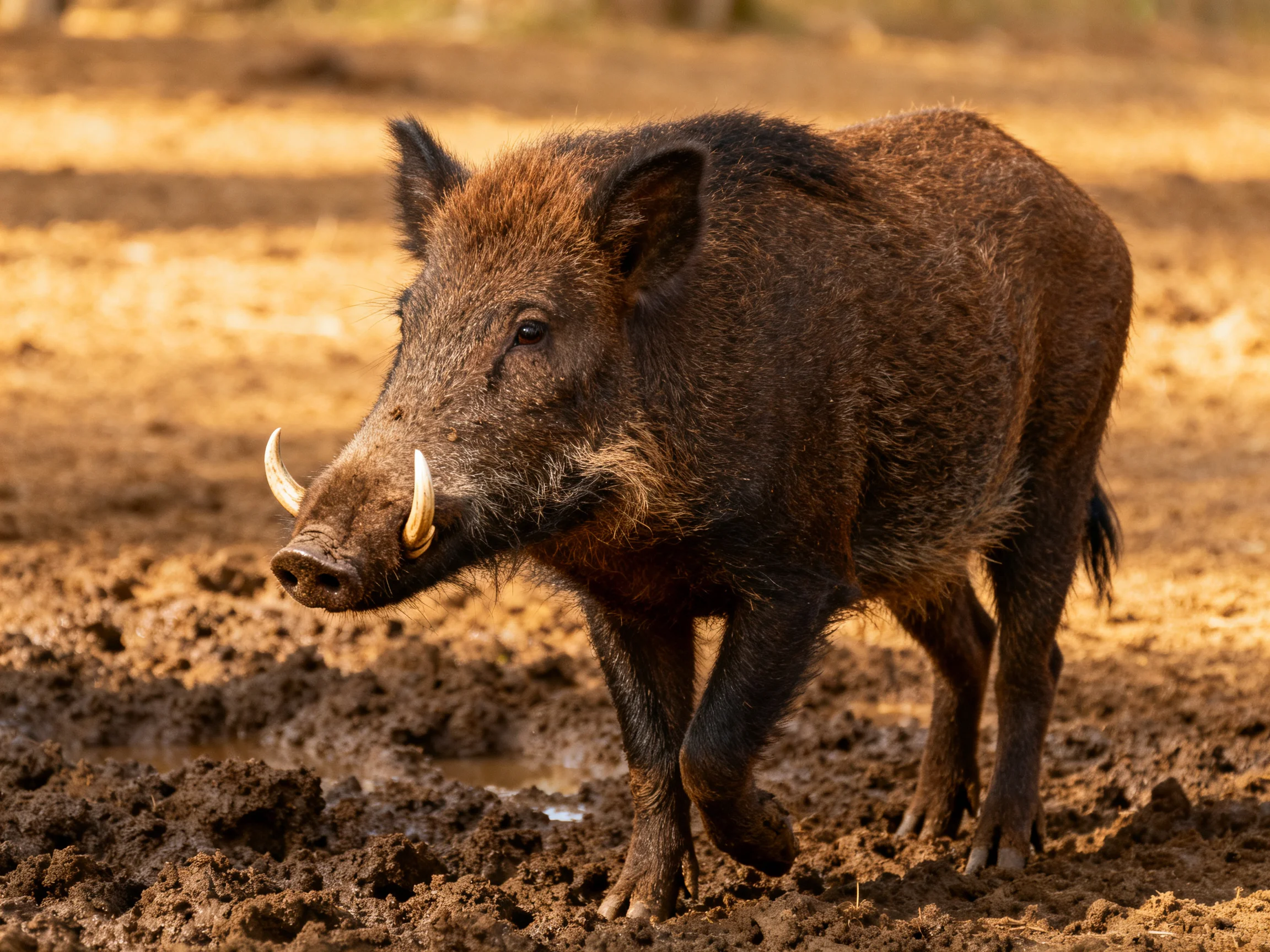 A dark brown wild boar with curved tusks on muddy terrain