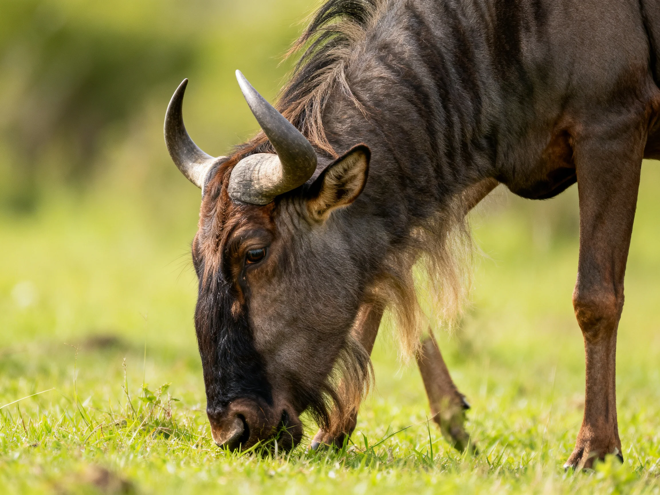 A dark brown wildebeest grazing in a lush green meadow