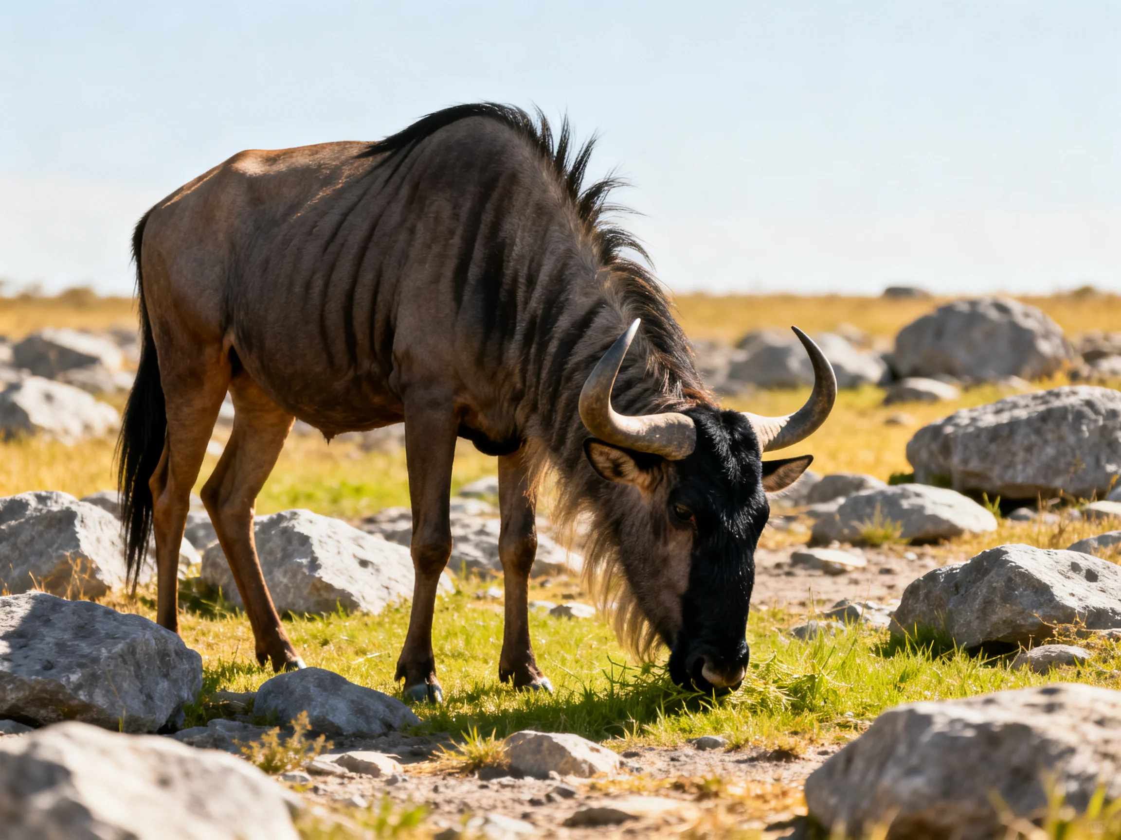 A dark brown wildebeest grazing near scattered rocks in a bright landscape