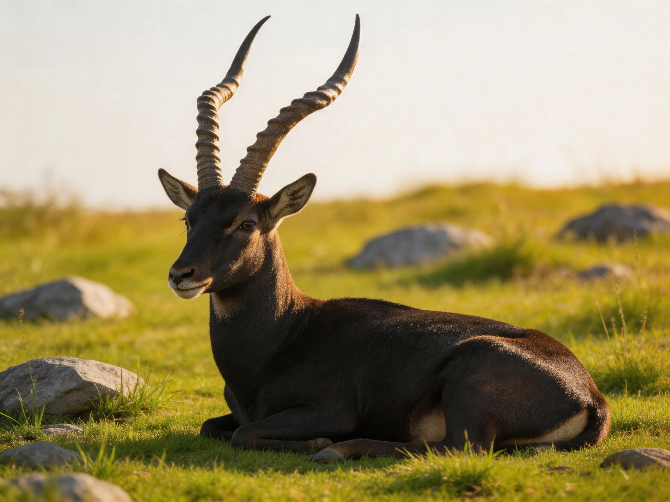 A dark-coated antelope rests amid green grass and rocks