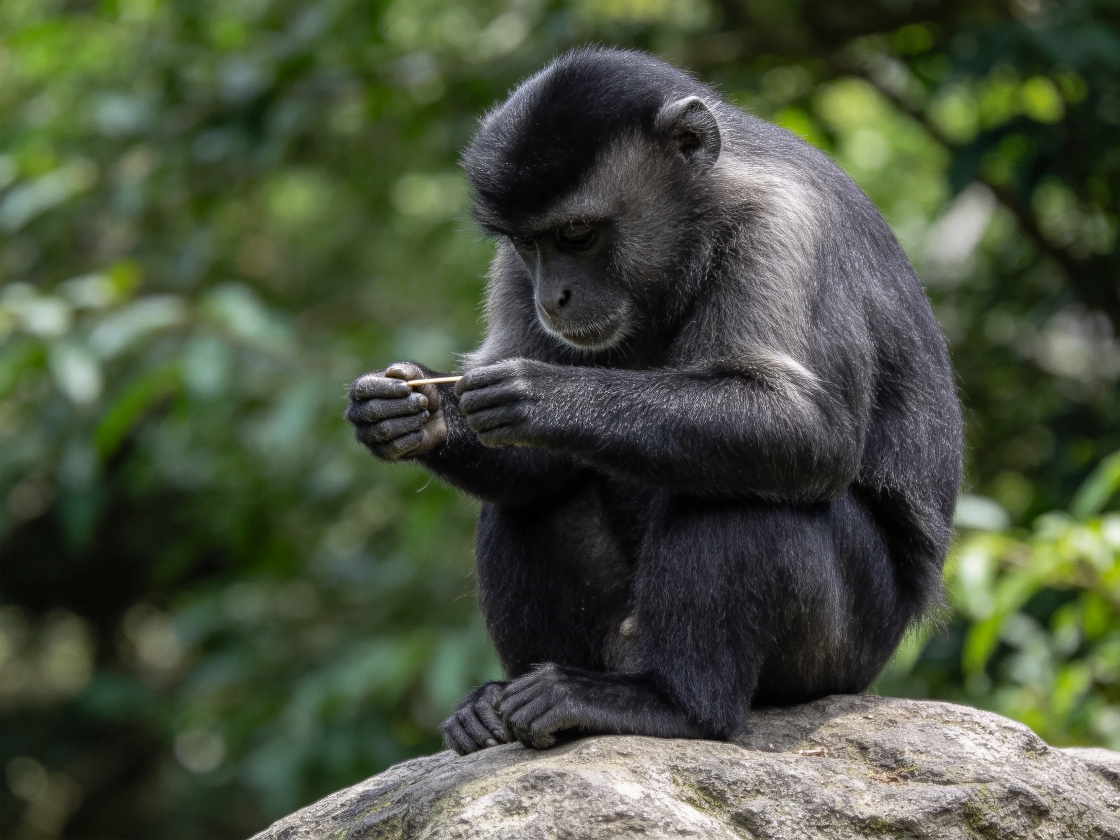 A dark-coated monkey sits on a large gray rock in lush greenery