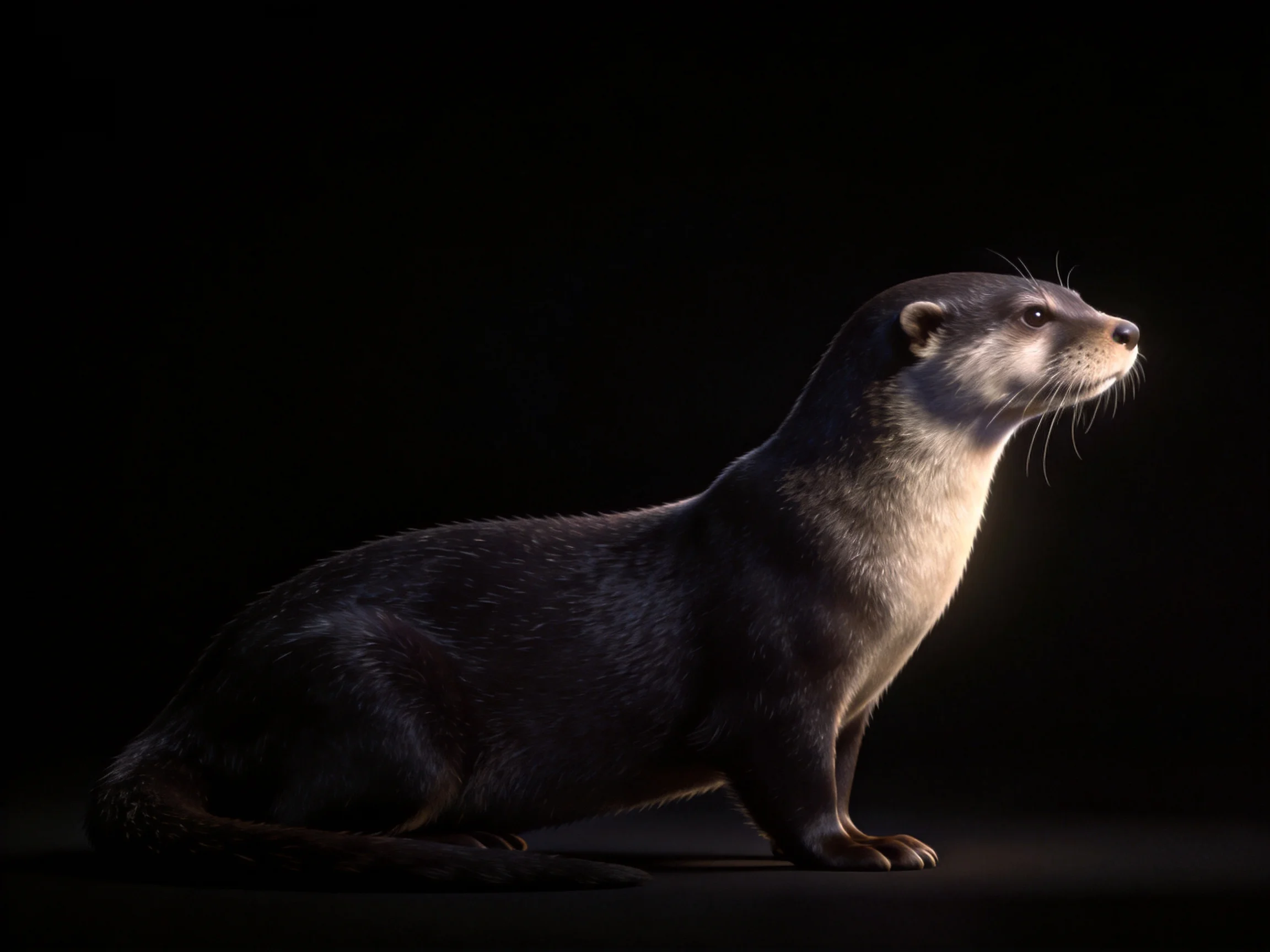 A dark-coated otter with light chest, set against a stark black backdrop